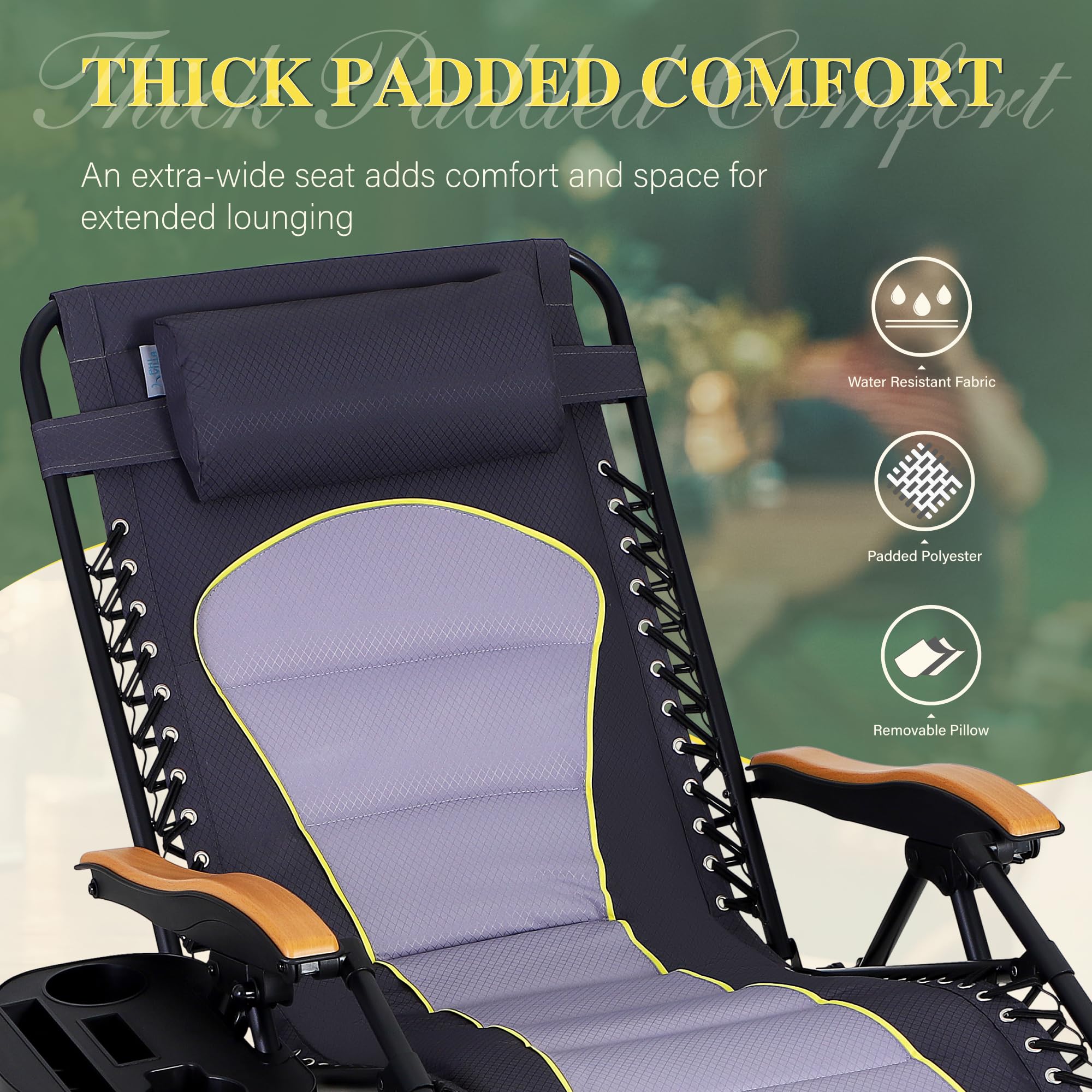 Phi Villa Xxl Oversized Padded Zero Gravity Chair, Foldable Patio Recliner, 30' Wide Seat Anti Gravity Lounger With Cup Holder, Set Of 2, Support 400 Lbs (Gray Accent)