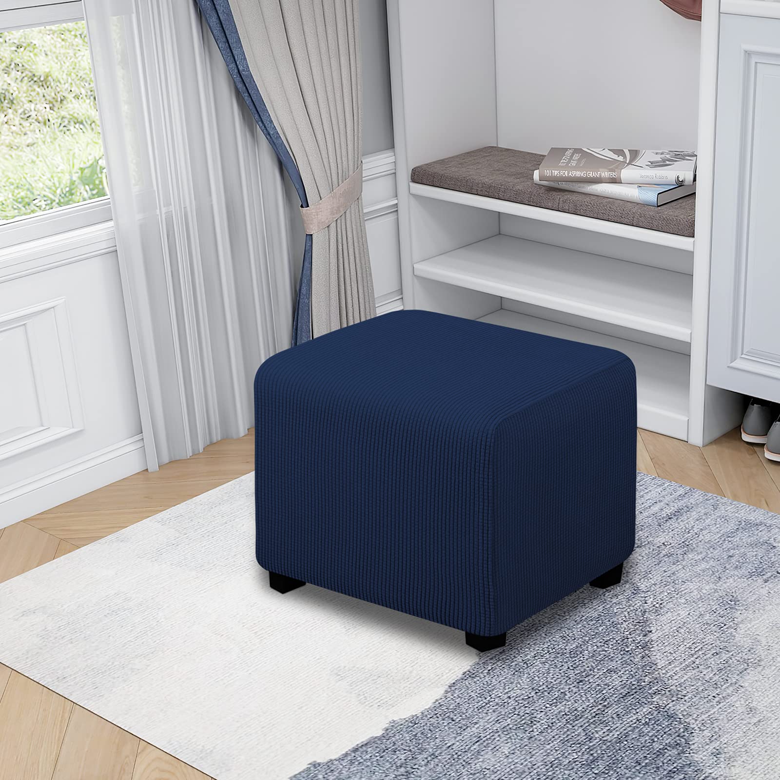 Easy-Going Stretch Square Ottoman Cover Folding Storage Stool Furniture Protector Soft Slipcover With Elastic Bottom (15X15X15Inch, Navy)