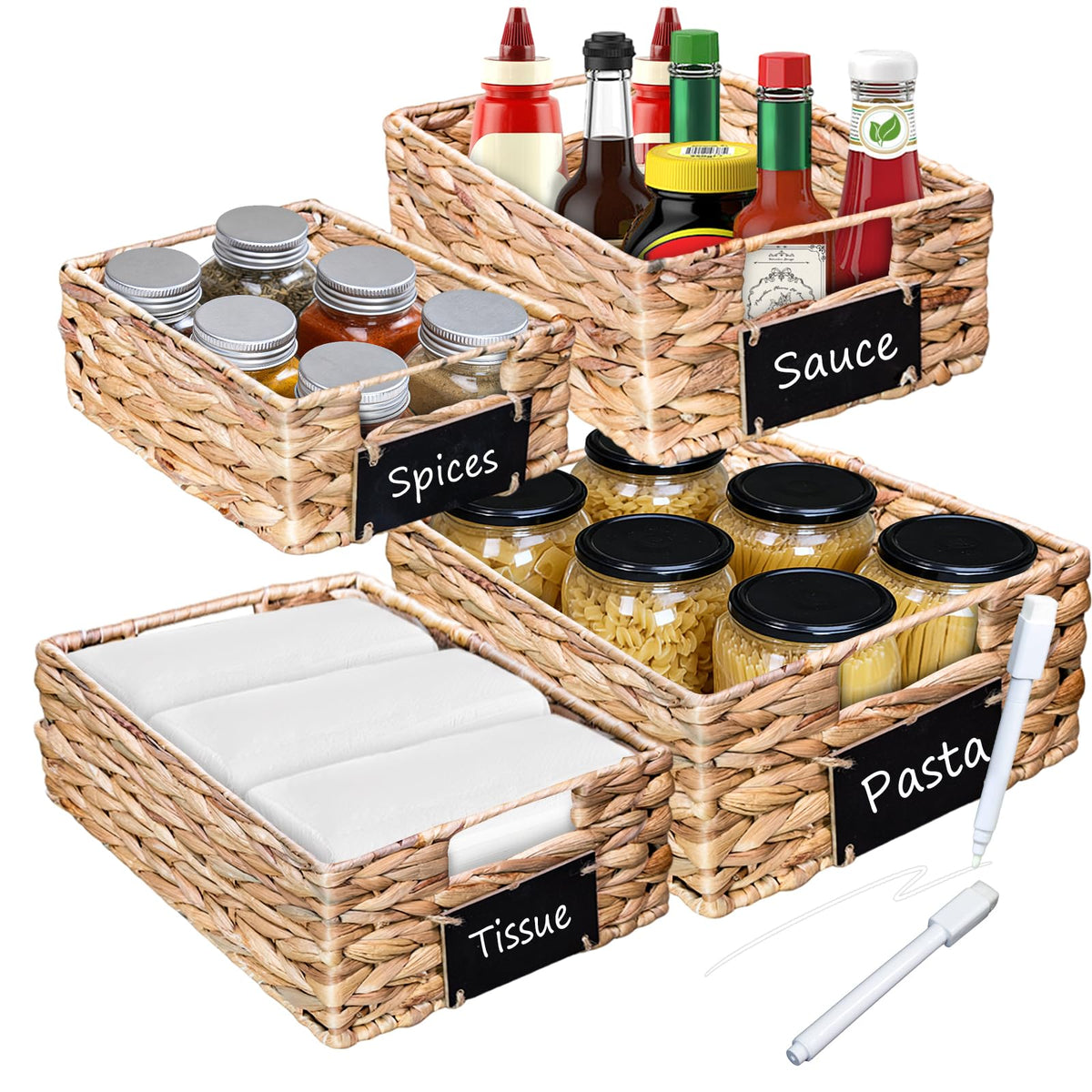 SeekElegant Set of 4 Sizes HandWoven Pantry Shelf Baskets, Hyacinth Storage Baskets with Chalkboard Labels & 2 Chalk Markers, W