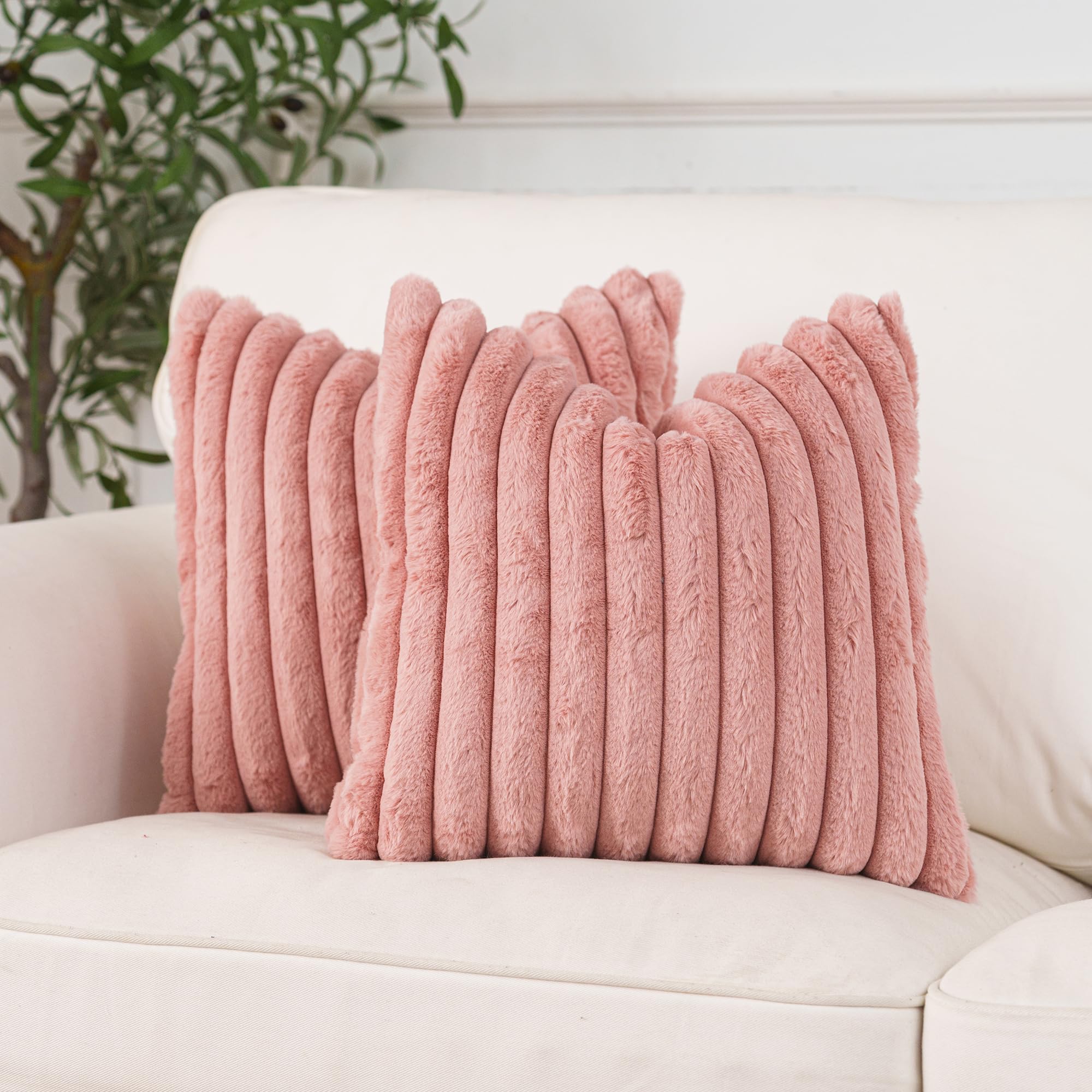 Nini All Plush Throw Pillow Covers Beige 18X18 Inch Set Of 2 Decorative Luxurious Pillow Cover Faux Fur Pillowcase Cushion Cases