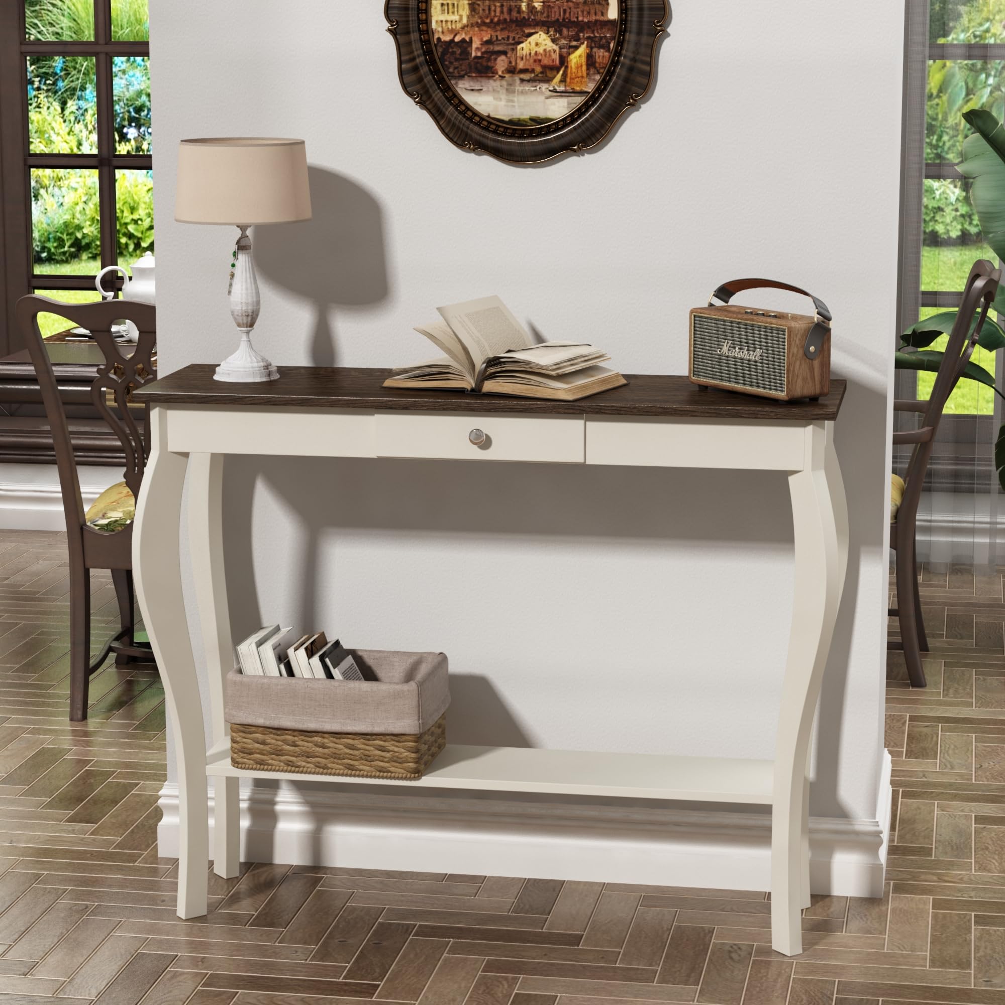 Choochoo Narrow Farmhouse Console Table With Drawer, Chic Accent Sofa Entryway Table With Shelves For Entryway, Living Room, Hallway, Antique White & Brown