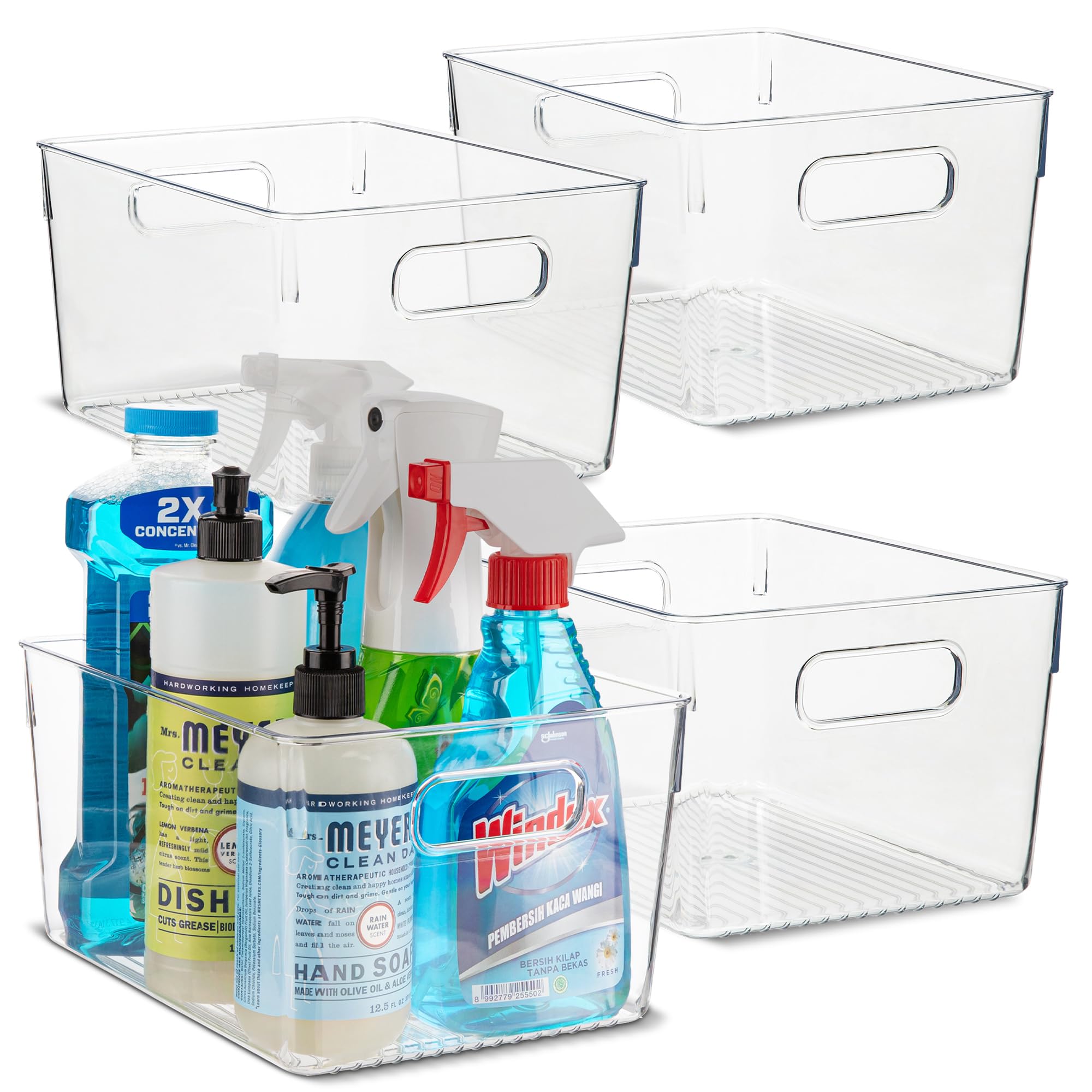 Primebox Plastic Food Storage 4 Pack Clear Container Bin With Handles For Organizing Kitchen, Pantry, Refrigerator, Freezer, Pan