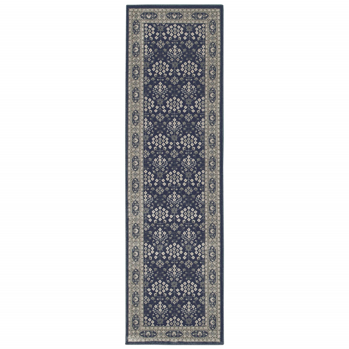 HomeRoots Polypropylene 2’x8’ Navy and Gray Floral Ditsy Runner Rug