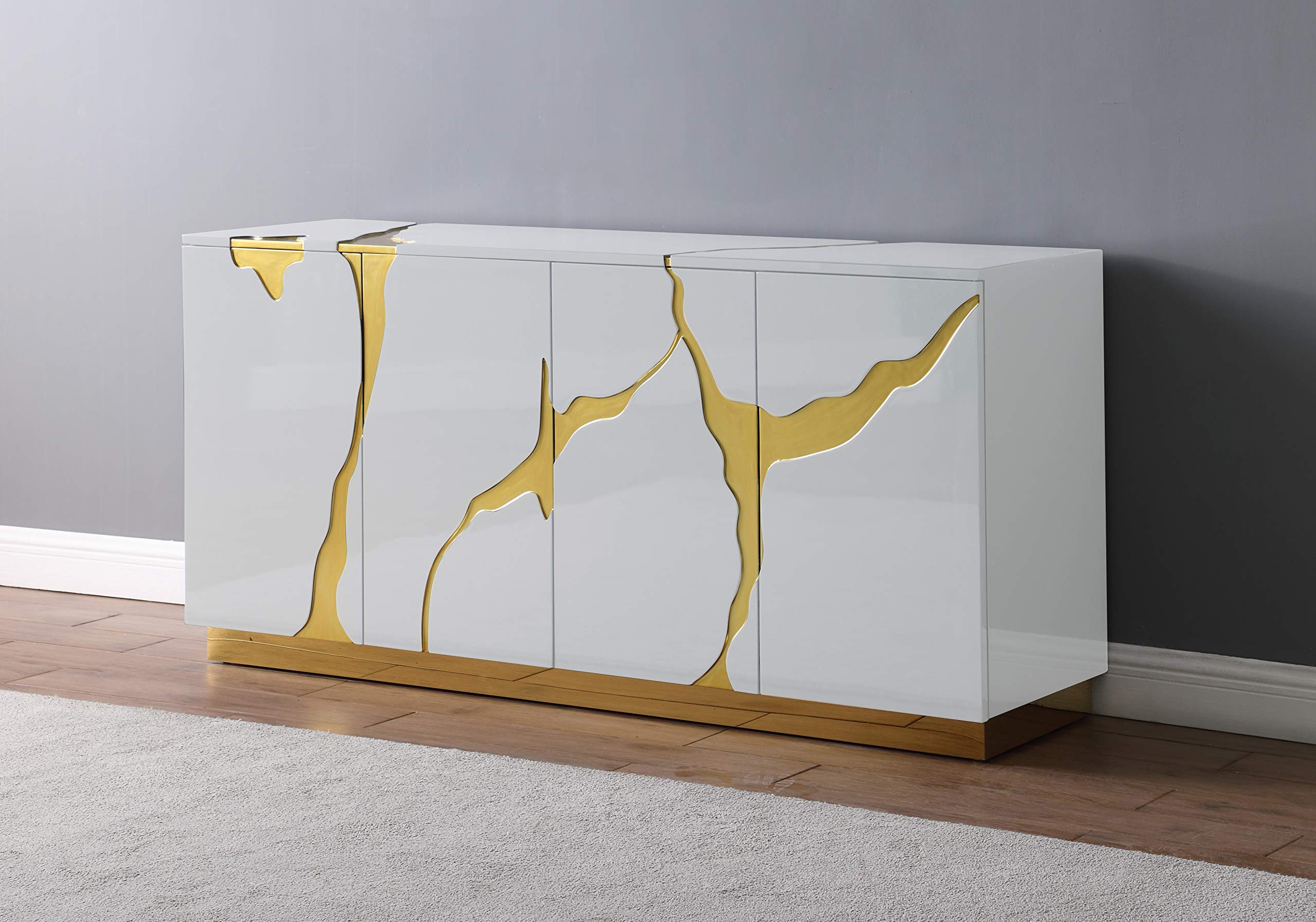 Best Master Furniture Taylor High Gloss Lacquer Sideboard/Buffet With Gold Trim, White