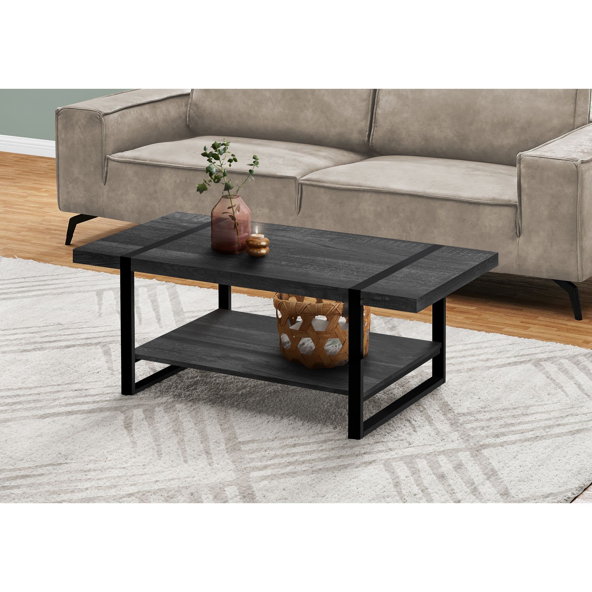 Monarch Specialties 2855, Accent, Cocktail, Rectangular, Living Room, 48&quot;, Laminate, Contemporary, Modern Coffee Table-Grey Reclaimed Wood-Look/Black Metal, 47.25&quot; L x 23.75&quot; W x 17.75&quot; H
