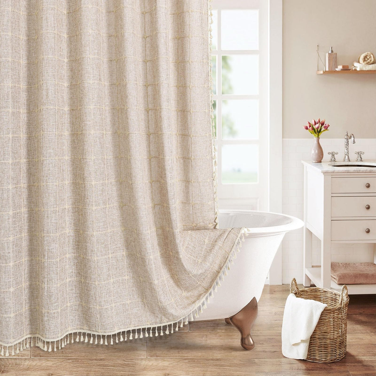Mitovilla Boho Farmhouse Shower Curtain Set, Modern Cotton Linen Fabric Cloth Shower Curtains For Neutral Country Bathroom Decor