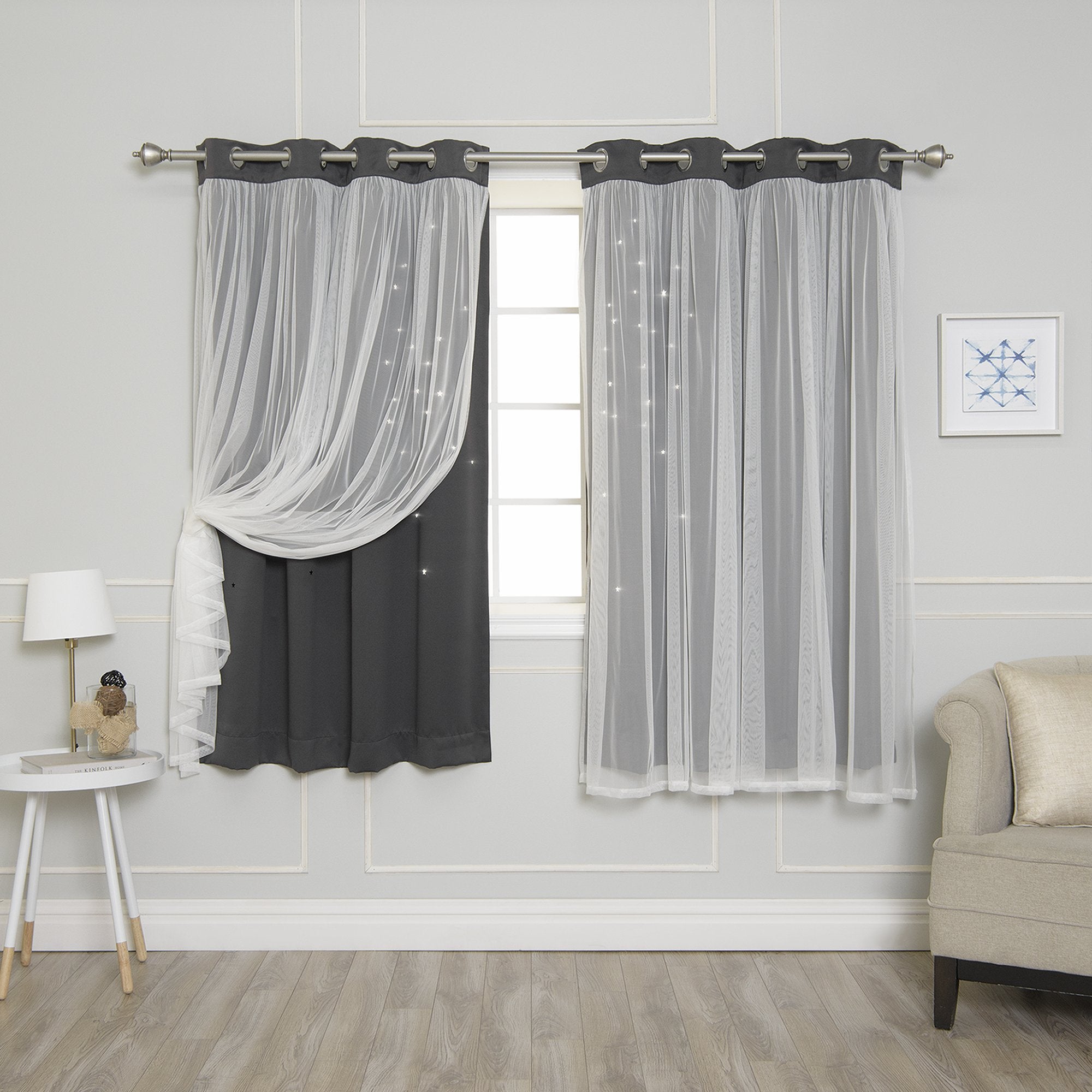 Best Home Fashion Tulle Overlay Star Cut Out Blackout Curtains (52' W X 63' L, Dark Grey)