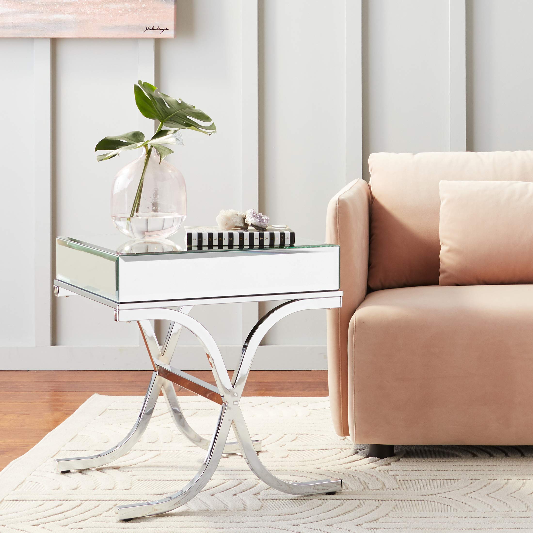 Acme Yuri Square Mirror Top Metal Tube End Table In Chrome