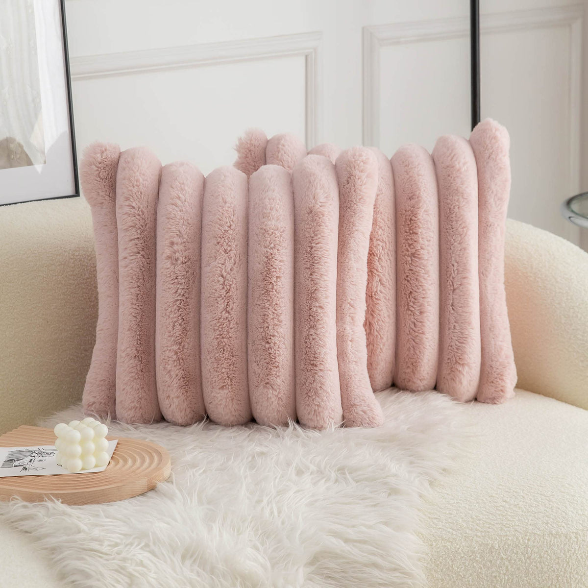 Neelvin Pink Faux Fur Cozy Soft Striped Decorative Throw Pillow Covers 16X16 Inch Set Of 2,Velvet Pillowcase Cushion Case For So