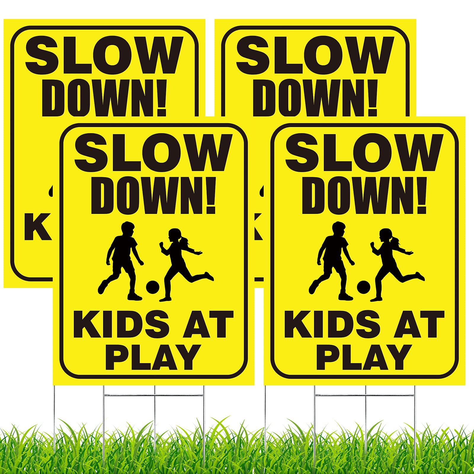 4 Pieces Slow Down Kids At Play Sign With Metal Stake, 12 X 16 Inch Kids At Play Safety Signs, Double Sided Child Safety Caution