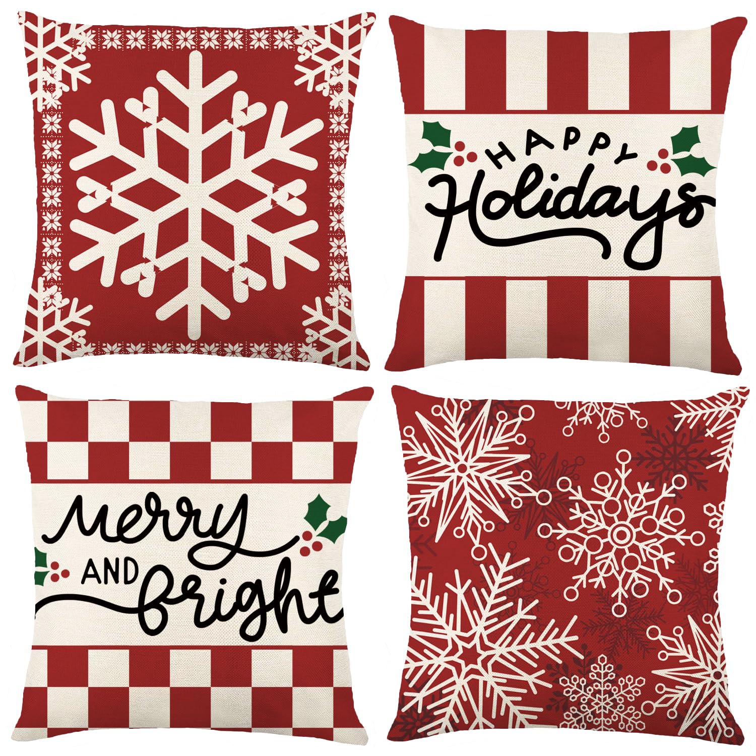 Heirloom Haven 4Pcs Winter Snowflakes Pillow Covers Decoration,18X18In Red Christmas Pillow Case Xmas Plaid Throw Pillow Covers
