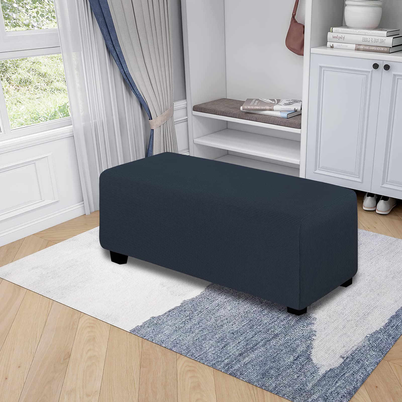 Easy-Going Stretch Ottoman Cover Folding Storage Stool Furniture Protector Soft Rectangle Slipcover With Elastic Bottom(Ottoman X-Large,Dark Blue)