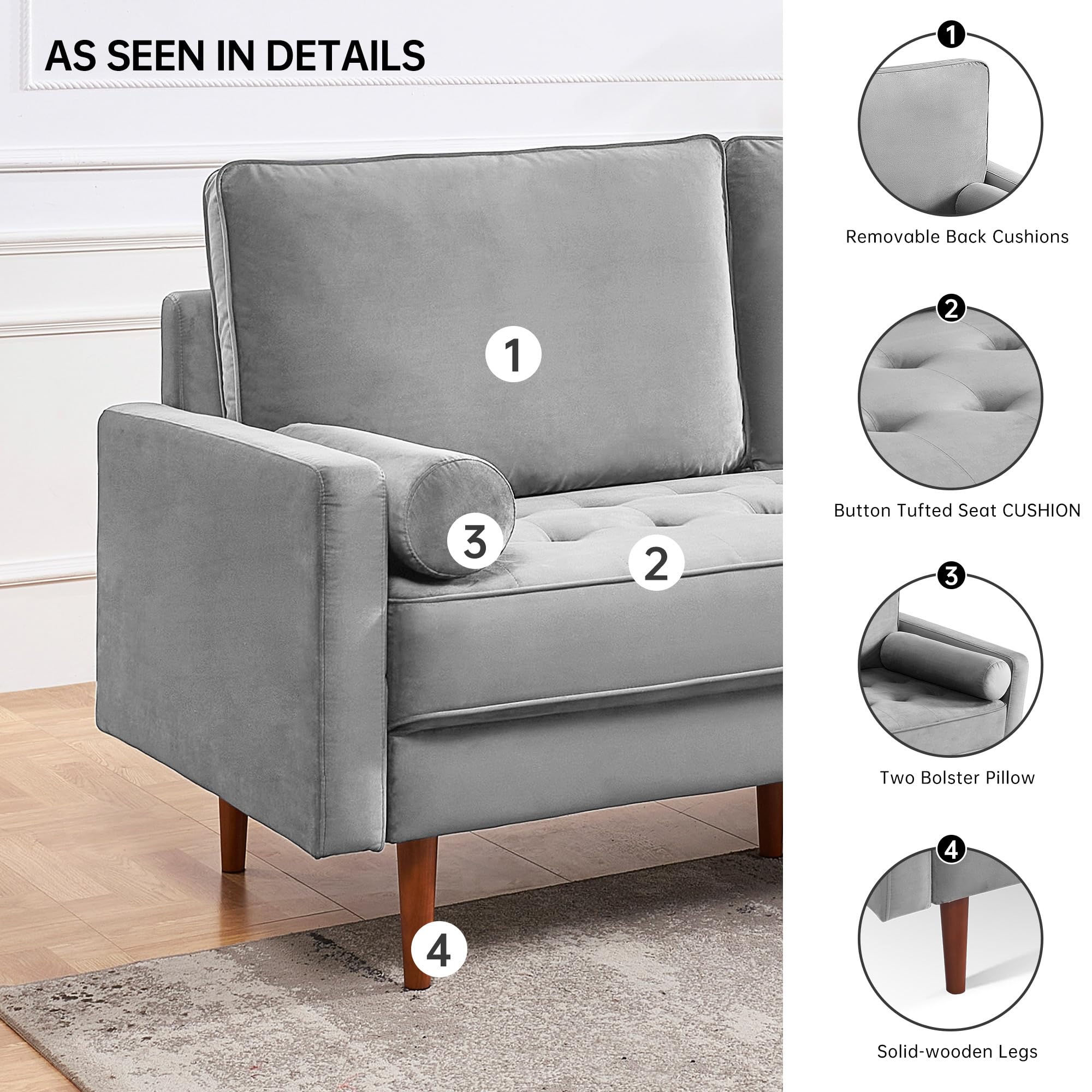 American Furniture Classics Grey 69 Inch Wide Upholstered Two Cushion Sofa with Bolster Pillows Velvet, 68" x 32" x 37"