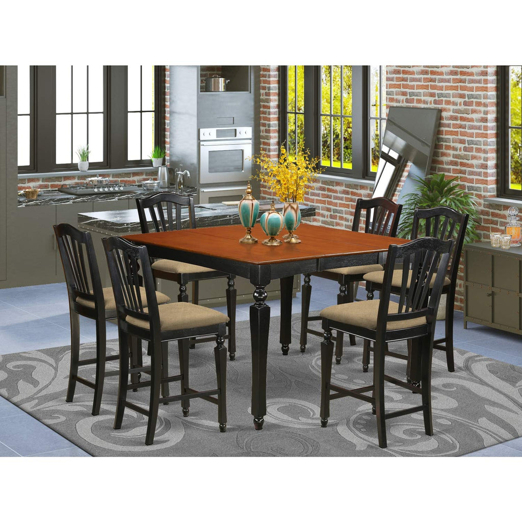 East West Furniture CHEL7-BLK-C Chelsea 7 Piece Counter Height Dining Set Consist of a Square Kitchen Table with Butterfly Leaf and 6 Linen Fabric Upholstered Chairs, 54x54 Inch