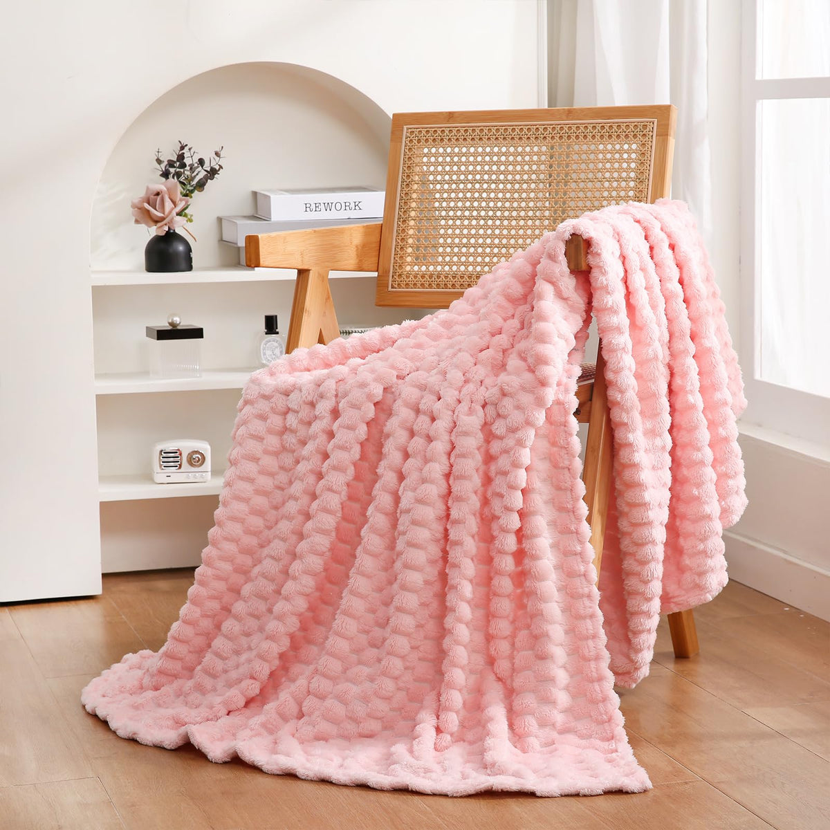 Puncuntex Light Pink Throw Blanket 50'  60' Inches Fuzzy 3D Jacquard Decorative Flannel Fleece Super Soft Plush Cozy Blanket F