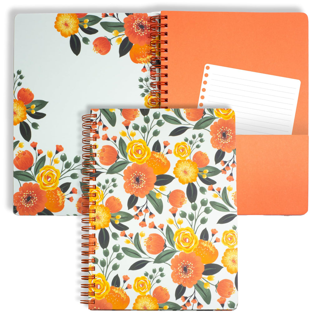 Steel Mill & Co Cute Mini Spiral Notebook, 8.25' X 6.25' Journal With Durable Hardcover And 160 Lined Pages, Orange Floral