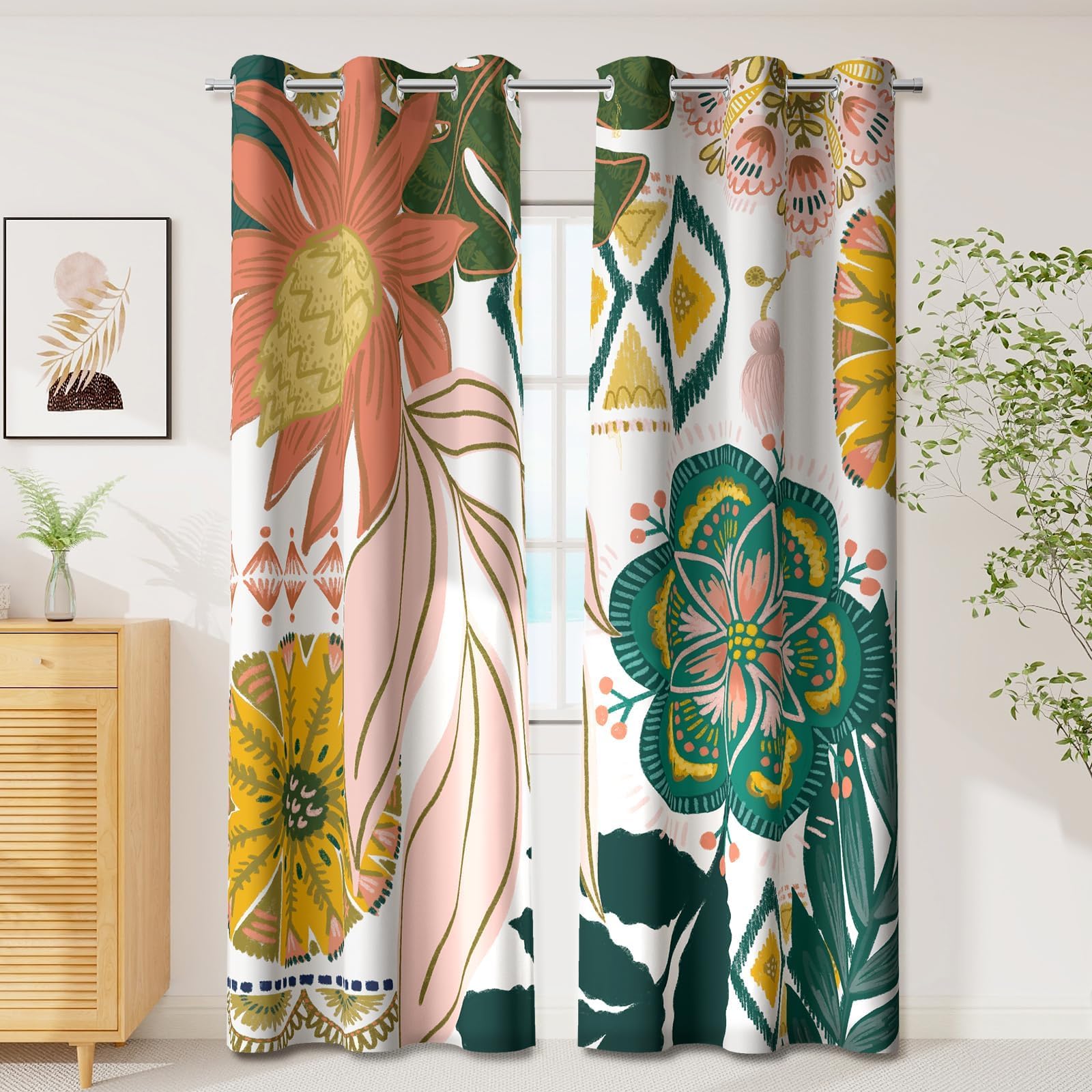 Tyrot Boho Floral 100% Blackout Curtains For Bedroom 84 Inch Long 2 Panels Mid Century Botanical Black Out Curtains For Living R