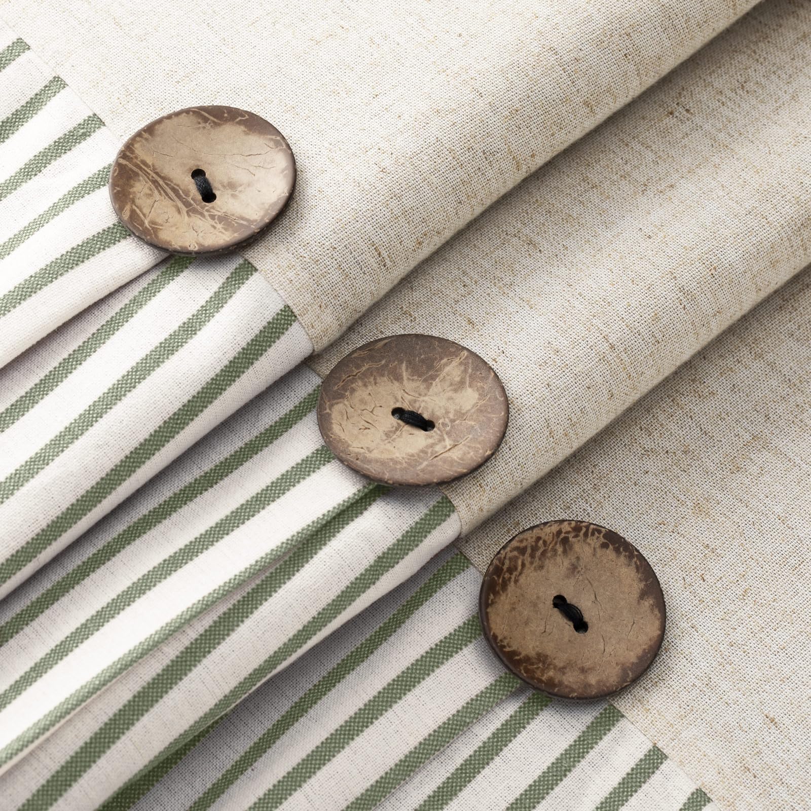Awellife Linen Button Farmhouse Beige Shower Curtain,Linen And Cotton Woven Fabric,Pleated Green Stripe,Country Style (72' L X 72' W)