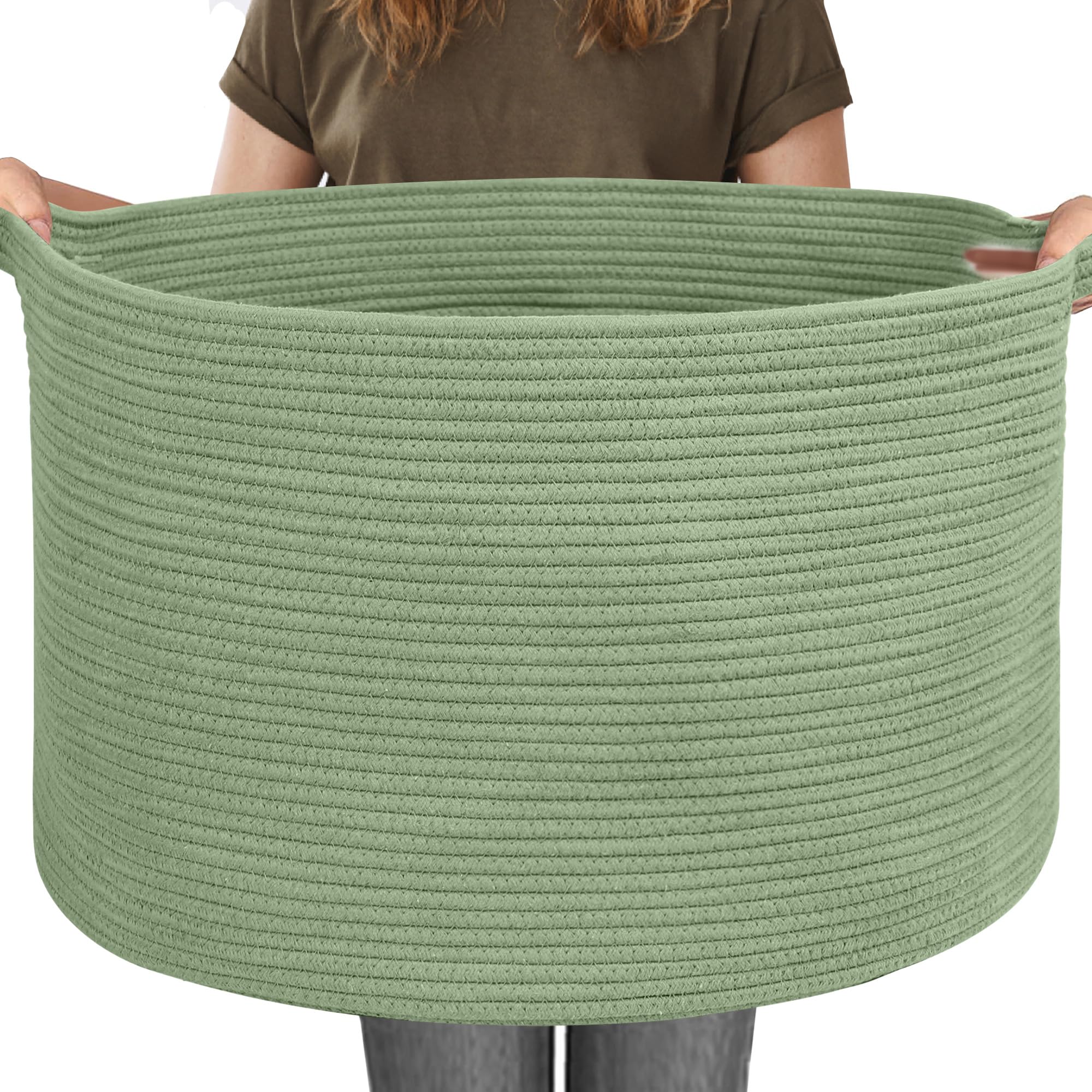 MEGASKET 115L Oversized Green Basket, 23.6x15.7 Woven Cotton Rope Bin for Blankets, Nursery Wicker Laundry Hamper, Kids Toy Stor