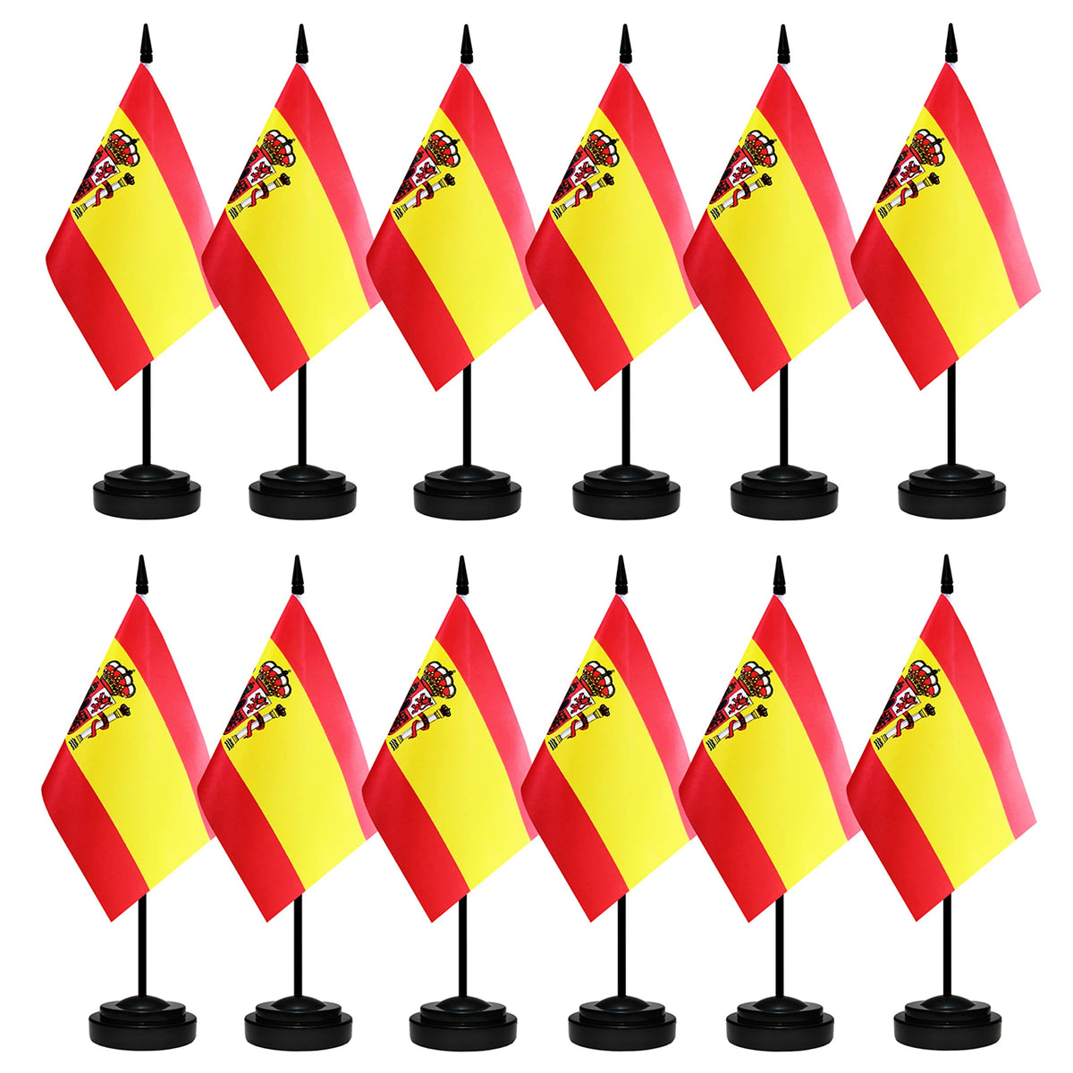 12 Pack Spain Desk Flags Set, Spanish Small Mini Table Office Flags With 12' Solid Black Pole, Black Base And Spear Top, Miniat