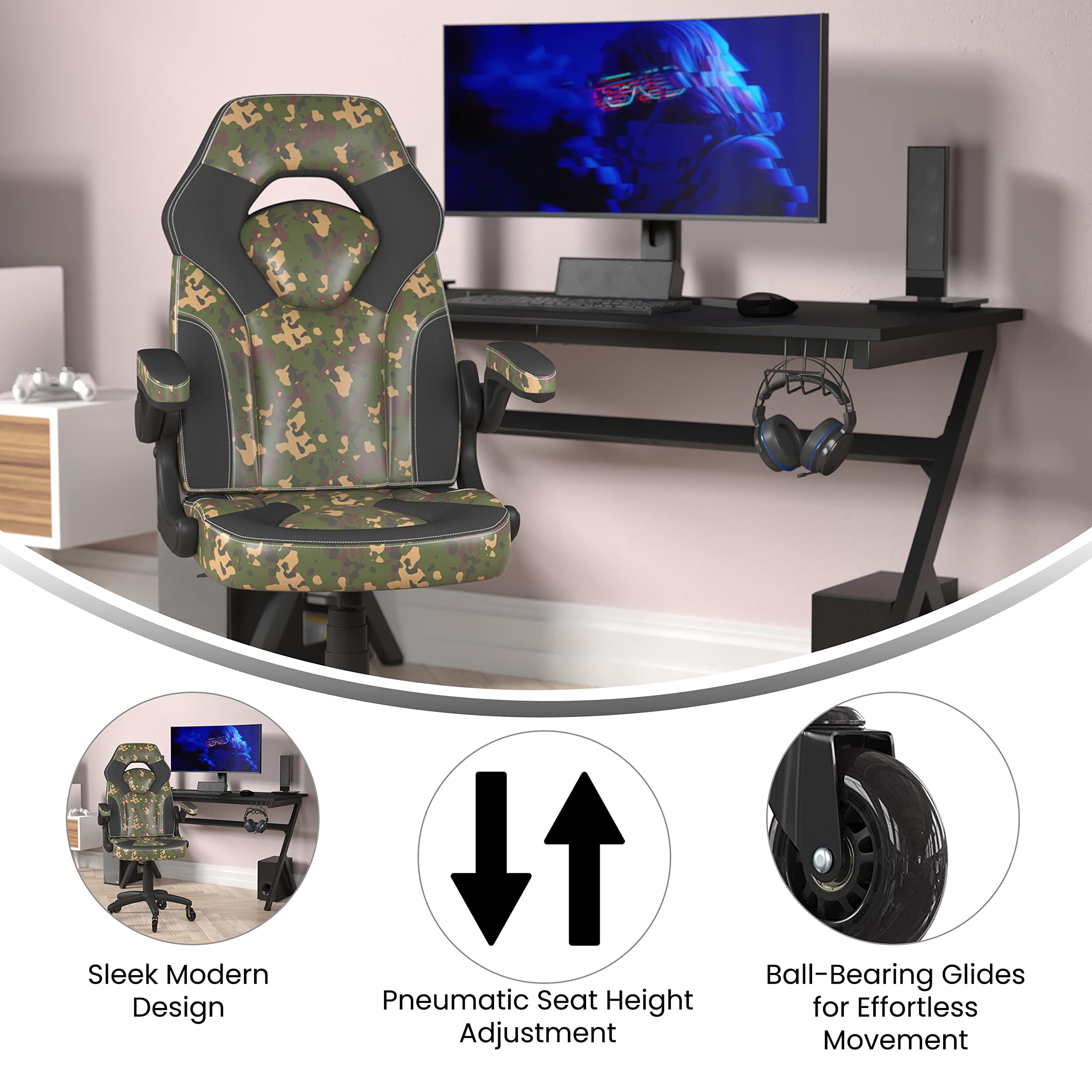 Flash Furniture X10 Gaming Chair Racing Computer Pc Adjustable Chair With Flip-Up Arms And Transparent Roller Wheels, Camouflage/Black Leathersoft