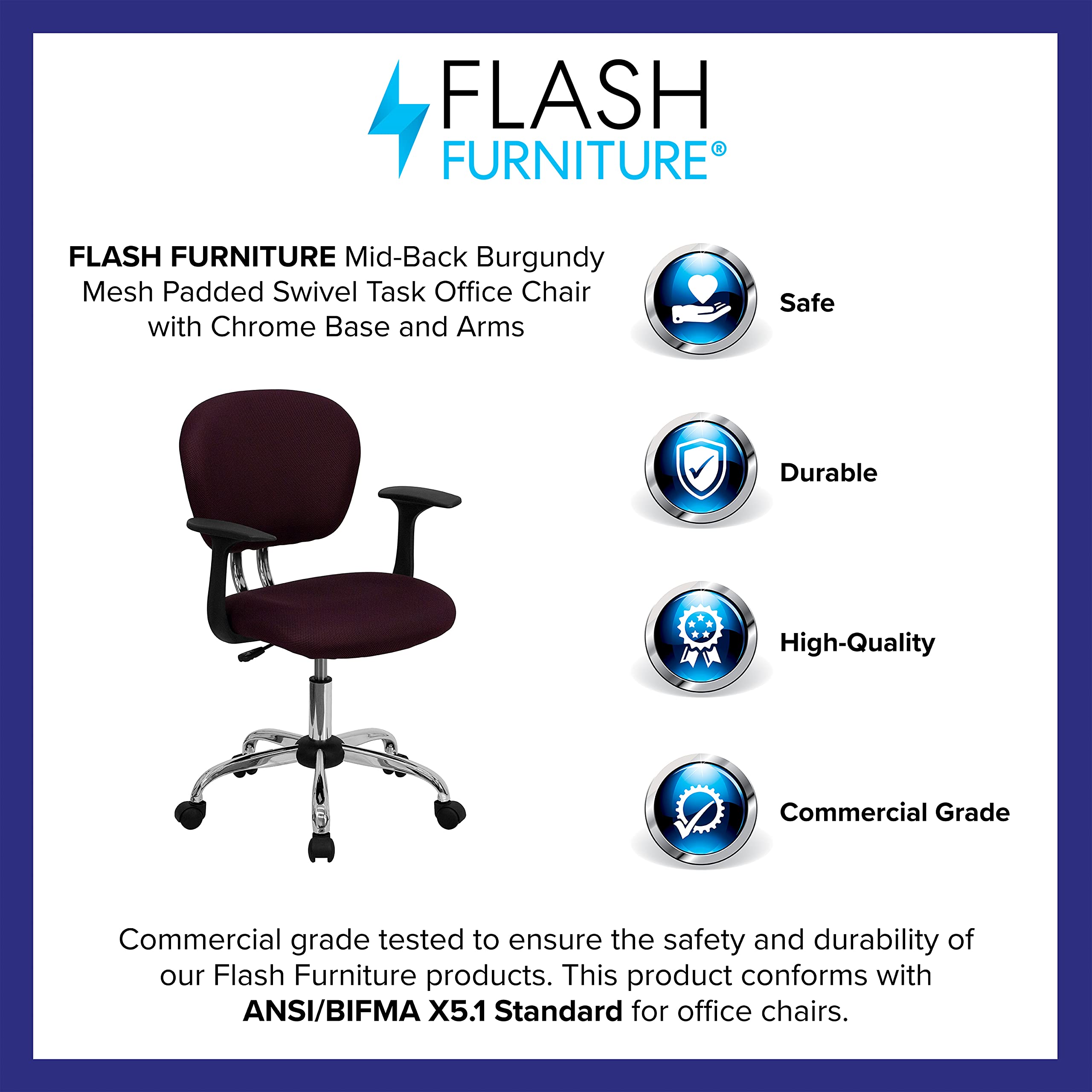 Flash Furniture Beverly Mid-Back Burgundy Mesh Padded Swivel Task Office Chair with Chrome Base and Arms