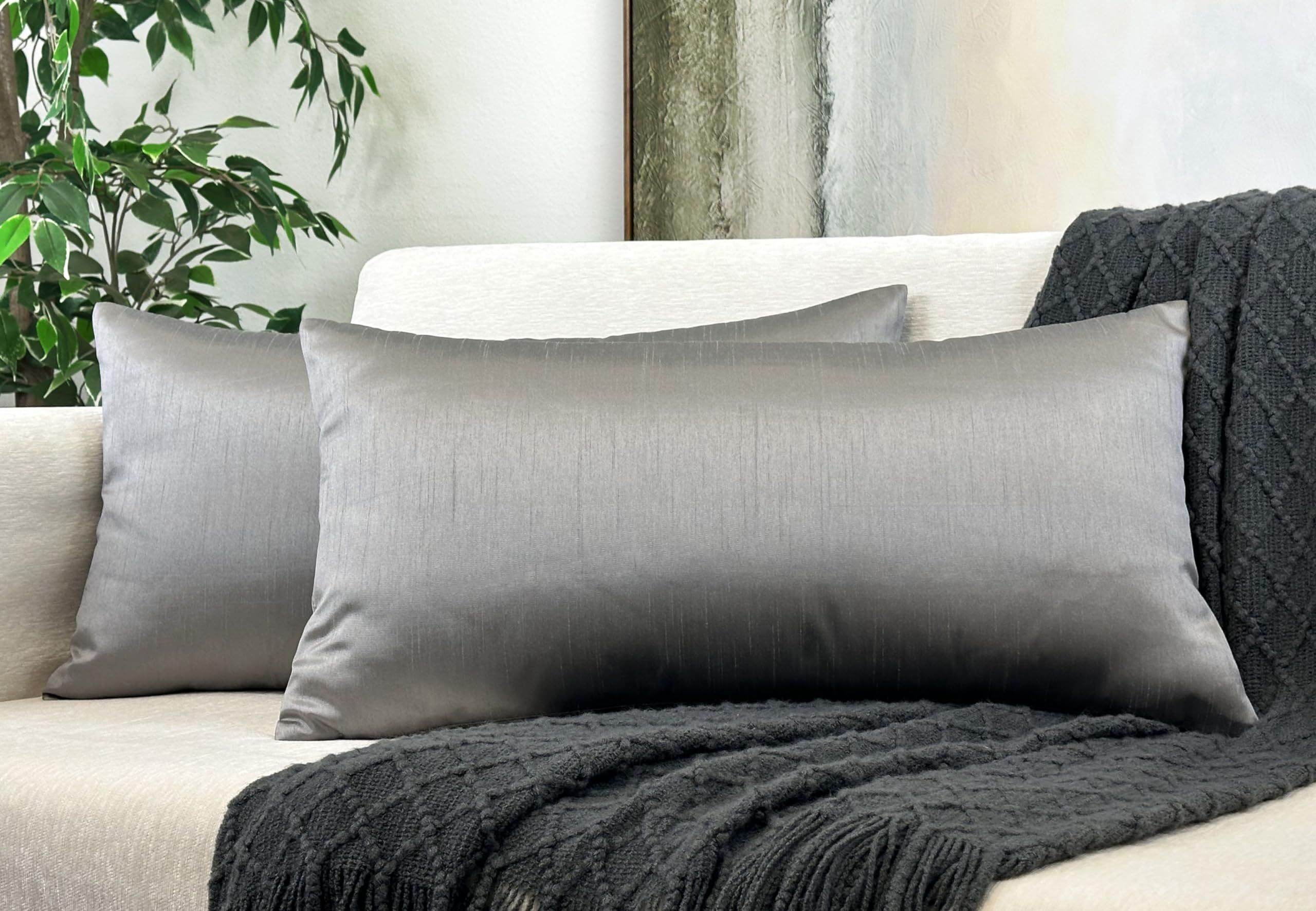 Aiking Home 12X24 Inches Faux Silk Rectangular Throw Pillow Cover, Zipper Closure, Charcoal (Set Of 2)