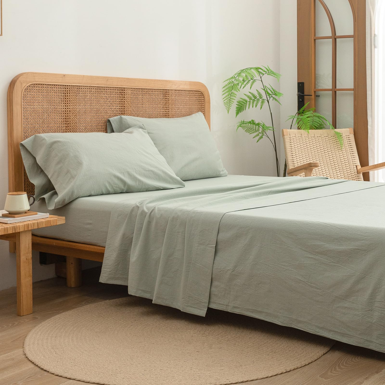 Bestouch Sheet Set 100% Washed Cotton Linen Feel Super Soft Comfortable Chic Lightweight 3 Pcs Home Bedding Set Solid Sage Green