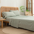 Bestouch Sheet Set 100% Washed Cotton Linen Feel Super Soft Comfortable Chic Lightweight 4 Pcs Home Bedding Set Solid Sage Green