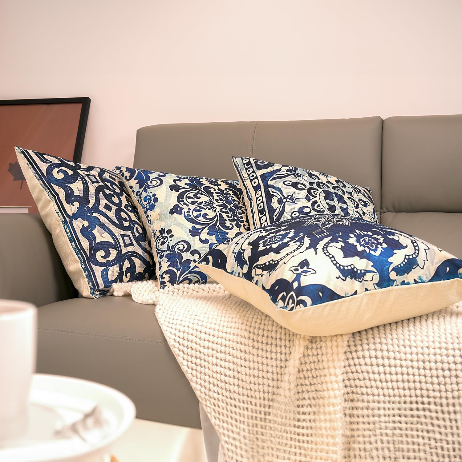 M-Qizi Blue Throw Pillow Covers - Linen Blue Pillow Covers 18X18 Set Of 4, Decorative Blue And White Pillow Covers, Chinoiserie