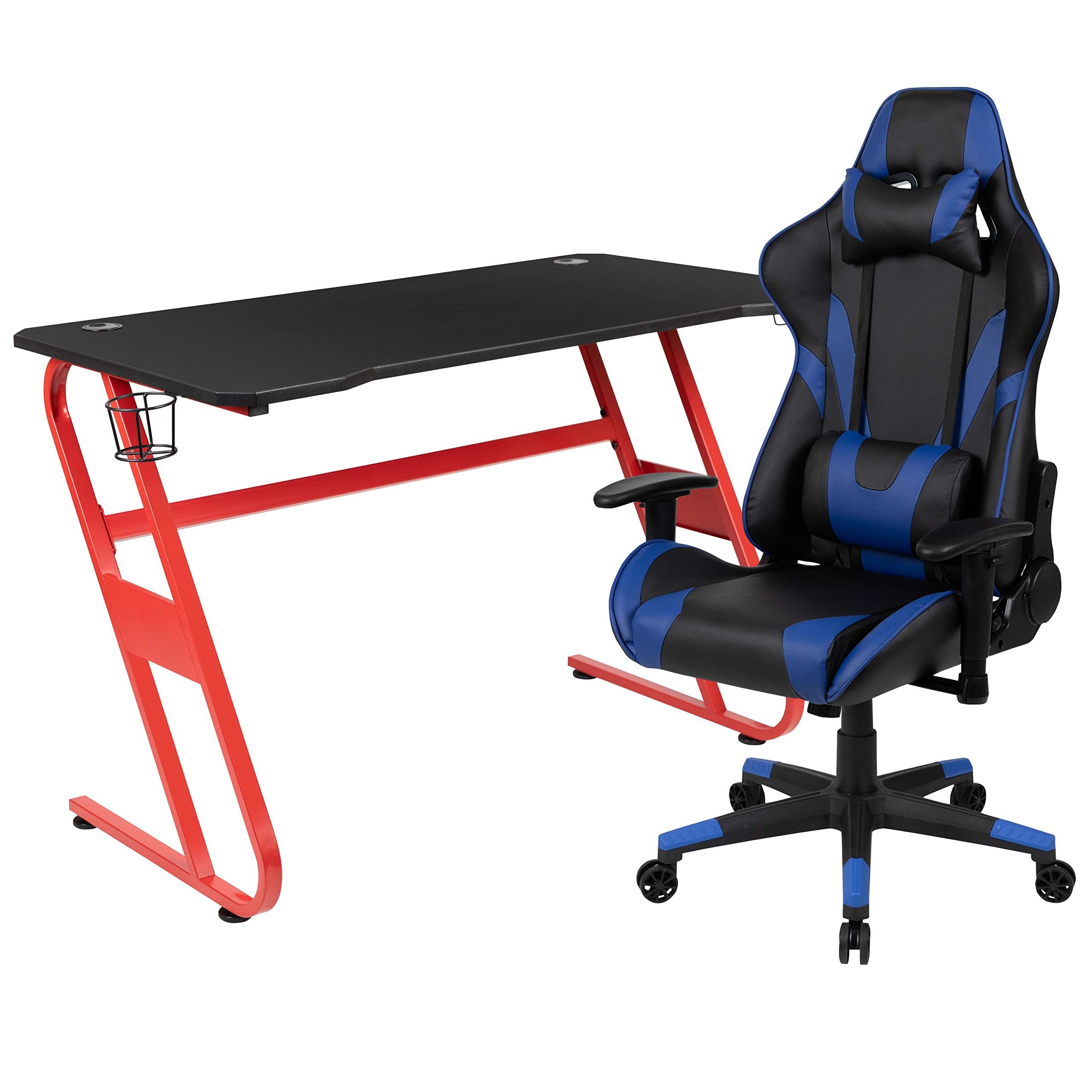 Flash Furniture Optis Red Gaming Desk And Blue Reclining Gaming Chair Set With Cup Holder And Headphone Hook