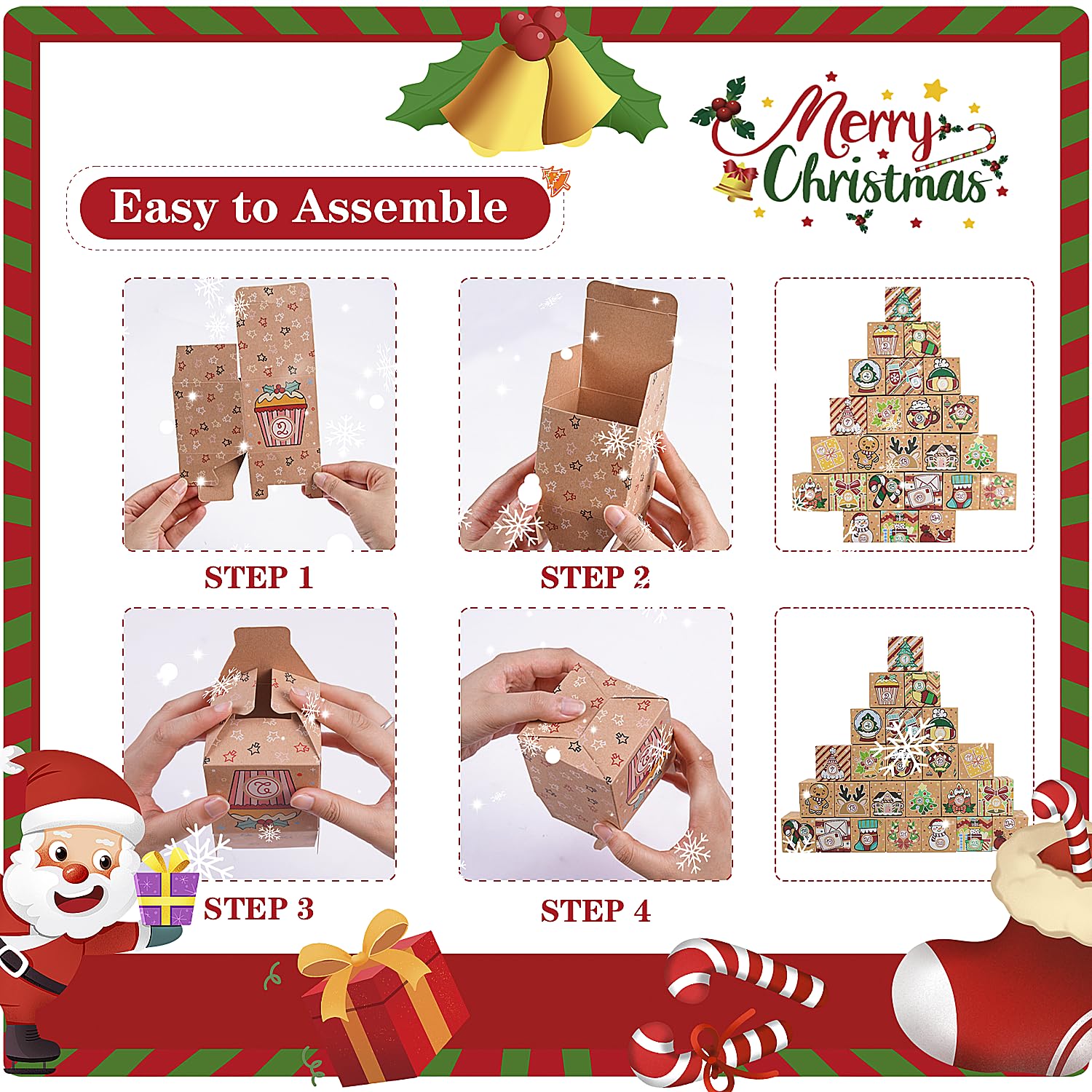 Elephant-Package 24 Pcs Diy Kraft Paper Christmas Advent Calendar Boxes, 24 Days Advent Countdown Gift Boxes, Christmas Cardboar