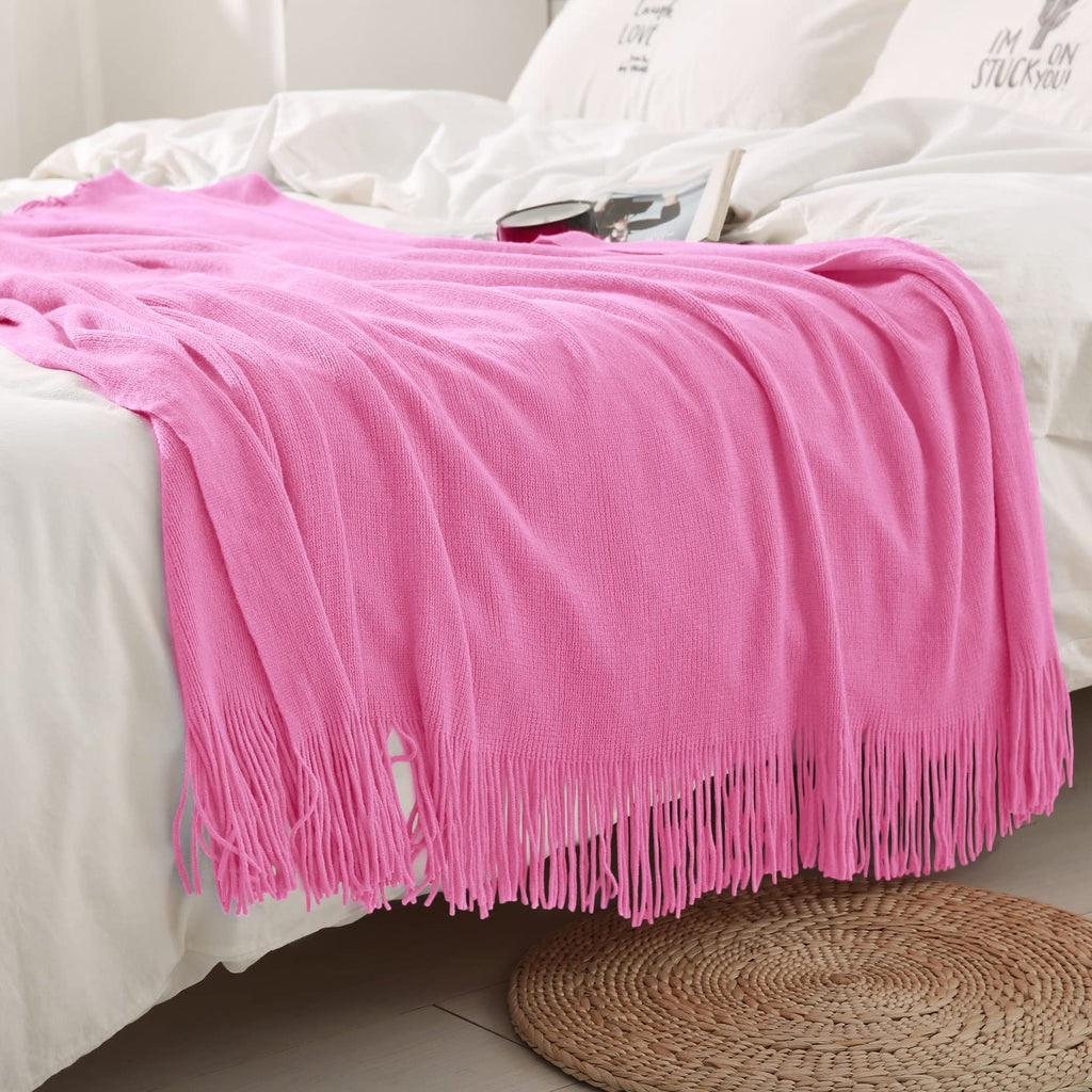 Homiest Decorative Knitted Throw Blanket With Fringe, Lightweight Blanket Acrylic Knit Blanket, Soft & Cozy Tassel Blanket For Couch Sofa Bed (Hot Pink, 50 X 60 Inch)