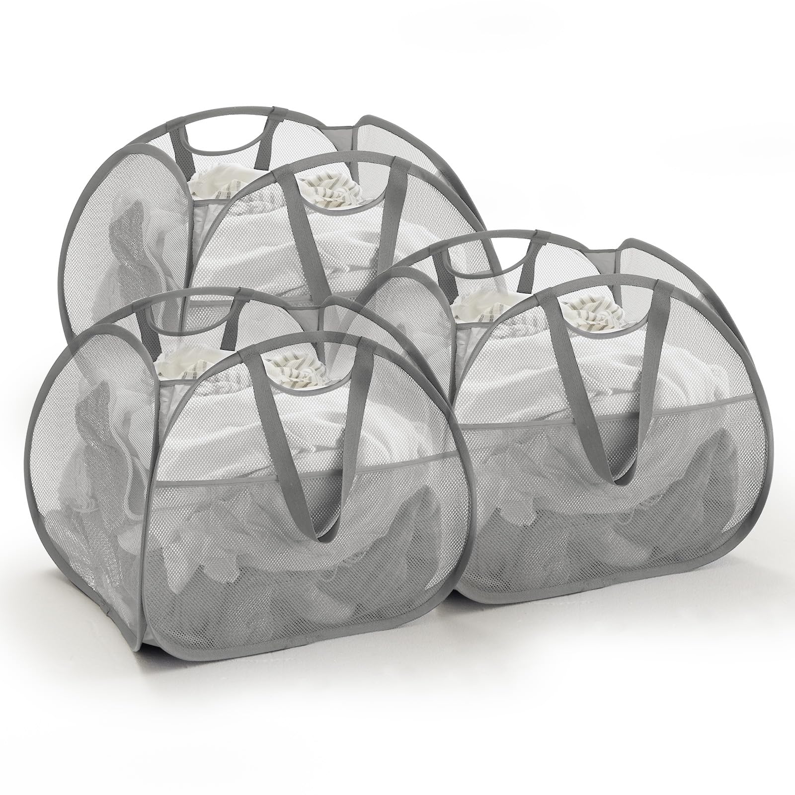 TECHMILLY Mesh Pop Up Foldable Laundry Hamper with Strong Handles, Large Opening Clothes Hamper with Side Pockets, Storage Baske