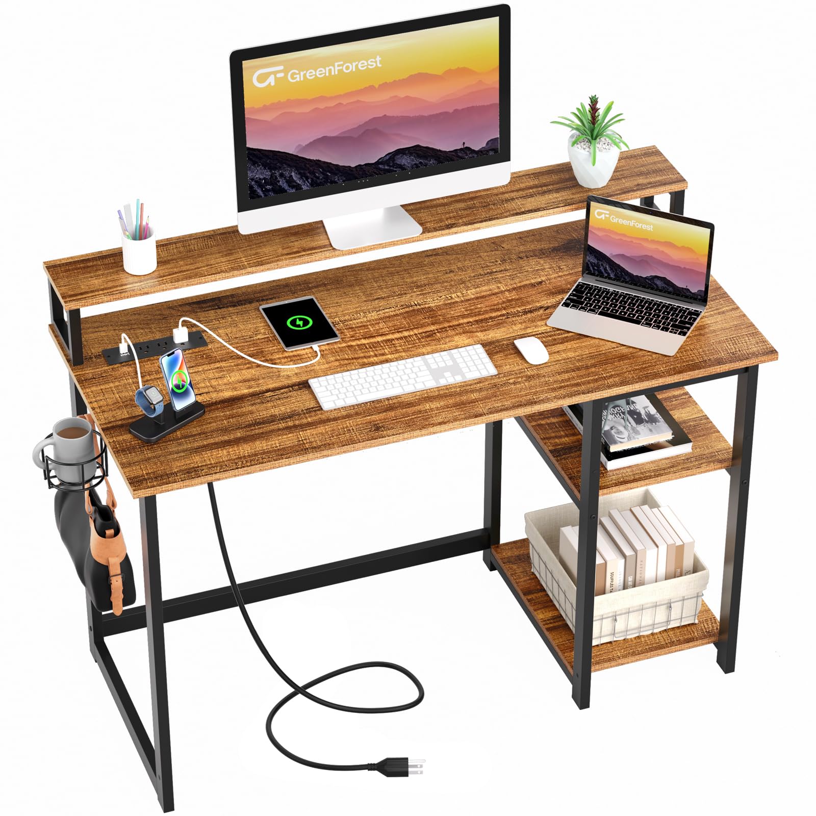 GreenForest Computer Desk with USB Charging Port and Power Outlet, Reversible Home Office Desk with Monitor Stand and Storage Sh