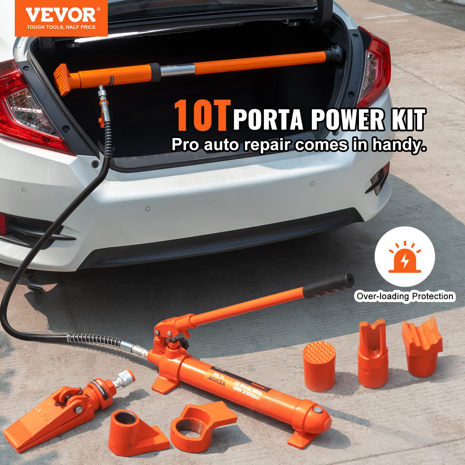 Vevor 10 Ton Porta Power Kit, Hydraulic Ram With Pump, Car Jack With 4.6 Ft/1.4 M Oil Hose, Bent Frame Repair Tool With Storage