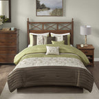Madison Park Serene Faux Silk Comforter Set - Floral Embroidery Design, All Season Bedding Set, Matching Bed Skirt, Decorative Pillows, Green King(104'X92') 7 Piece