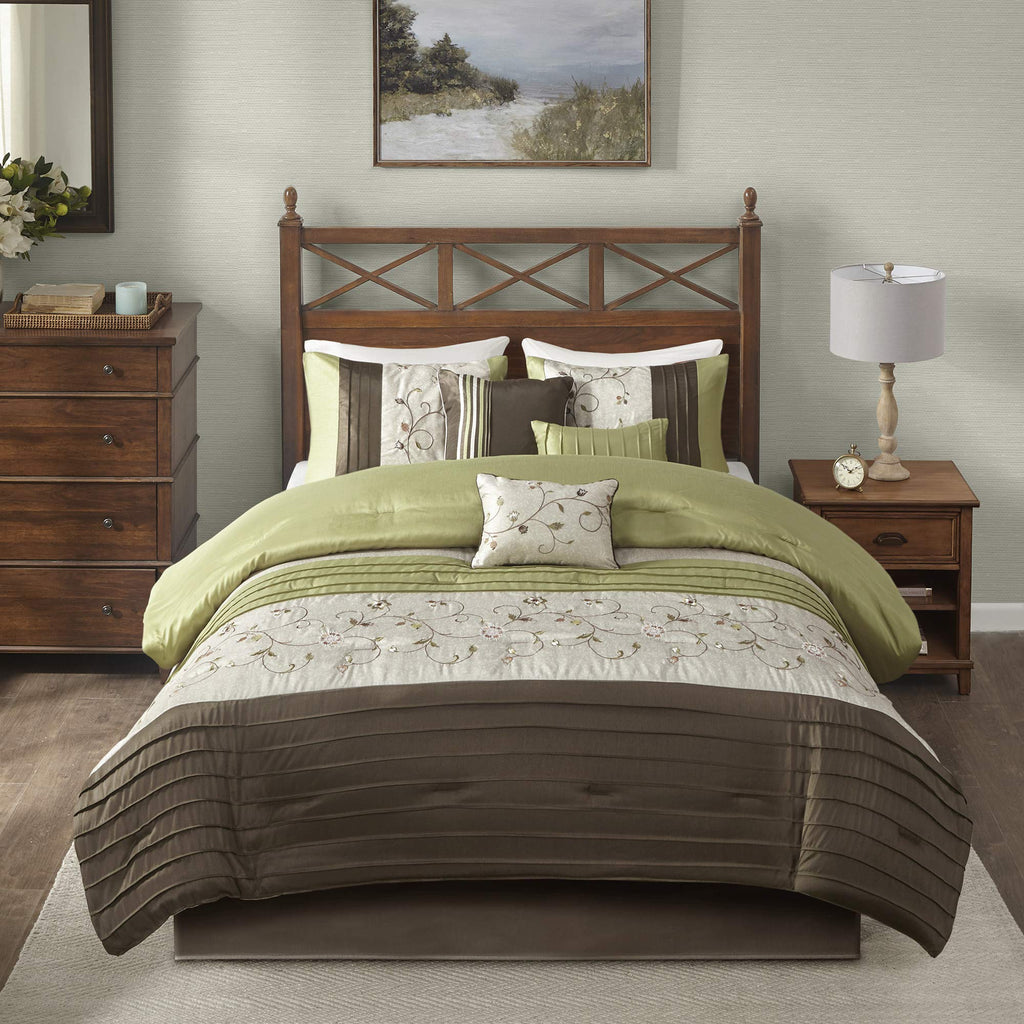 Madison Park Serene Faux Silk Comforter Bedding Set And Window Curtain, California King (104 In X 92 In), Green, 7 Piece