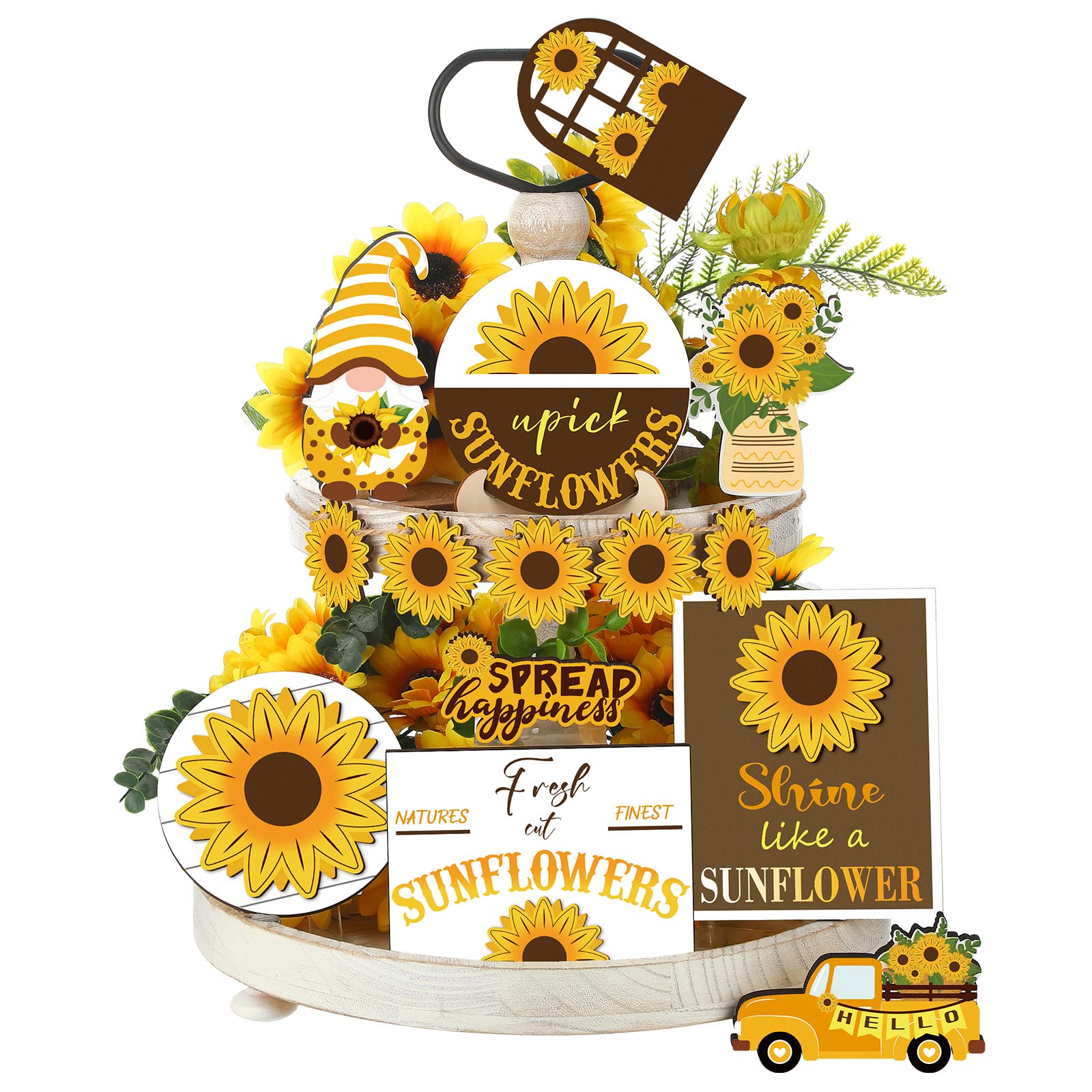 Purpeak 12 Pcs Sunflower Tiered Tray Decor Set Summer Kitchen Decor Tiered Tray Rustic Farmhouse Tier Tray Decor Items Sunflower