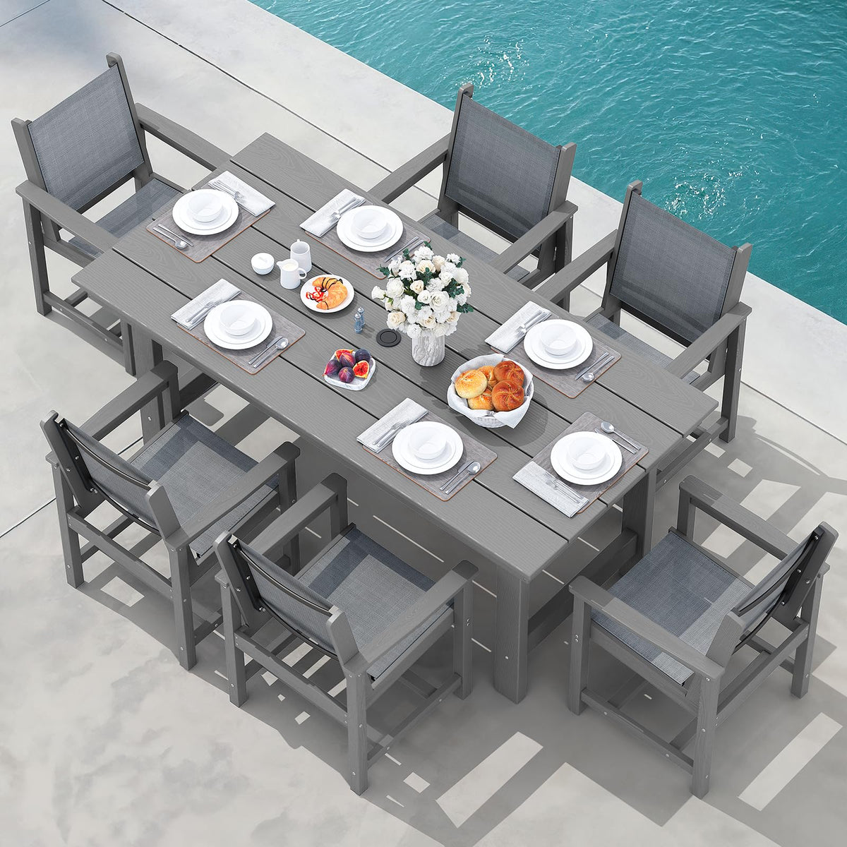 Serwall 7 Piece Outdoor Dining Table Sets For 6 With 1 Umbrella Hole Cut-Out Rectangular Table And 6 Textilene Chairs, Hdpe Dining Table Sets For Garden, Backyard, Poolside, Gray