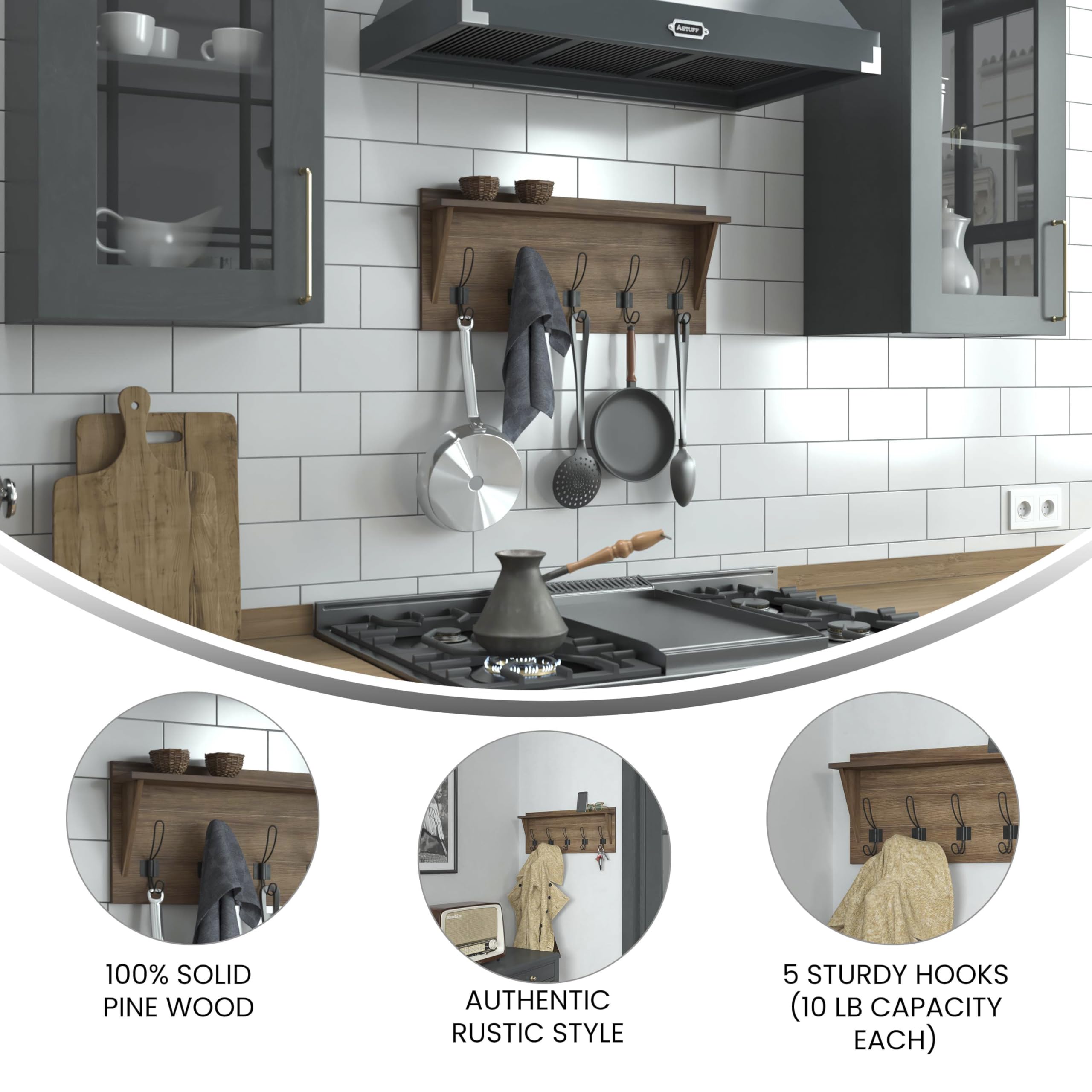 Flash Furniture Daly Wall Mounted Storage Rack - Rustic Brown Solid Pine Wood - 24 Inch - Upper Shelf and 5 Hooks - For Entryway, Kitchen, Bathroom