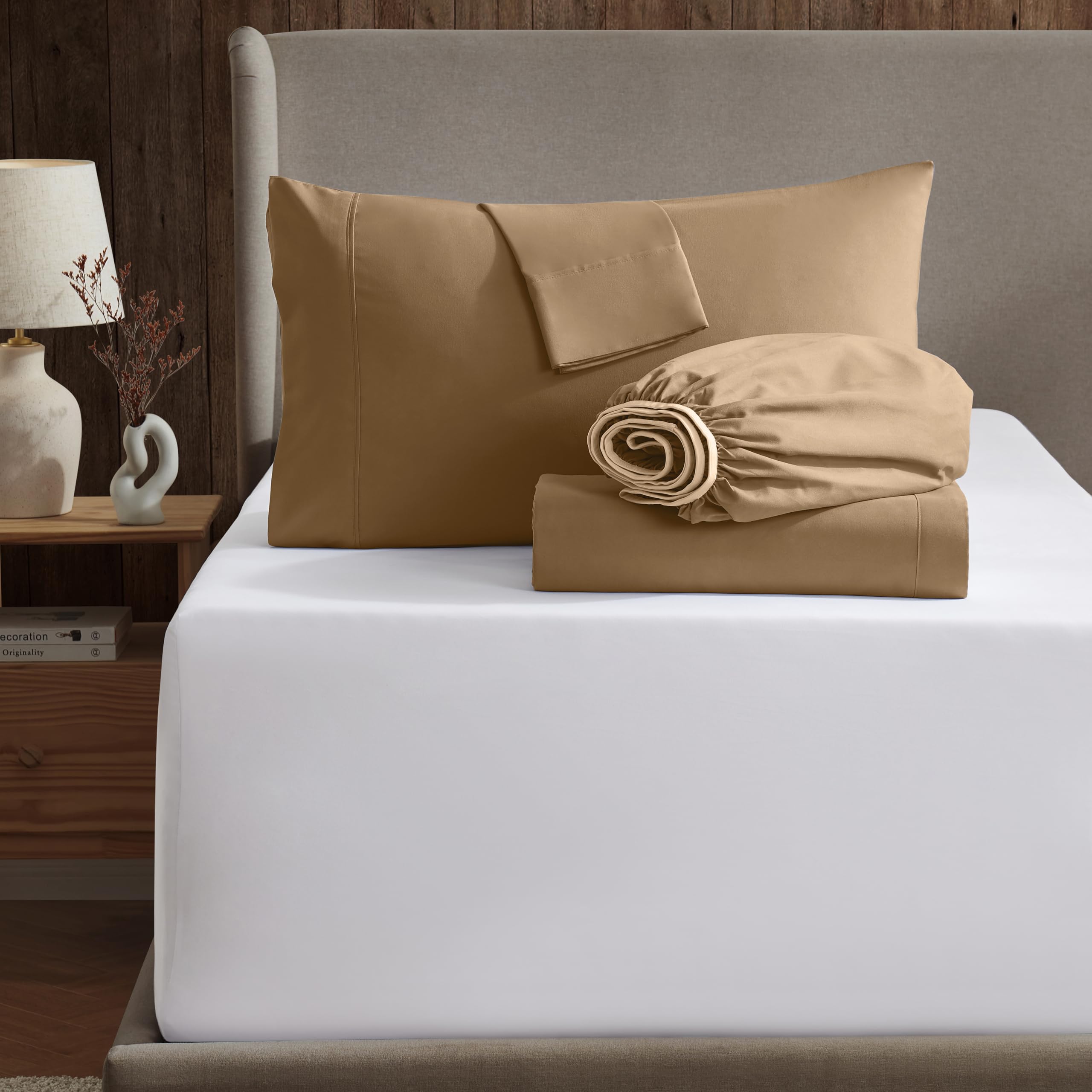 Nestl Extra Twin Deep Pocket Sheets Set - 4 Pc Soft Microfiber Twin Sheets Deep Pocket - Fade Resistant Bedding Sheets & Pillowcases - Twin, Mocha Light Brown