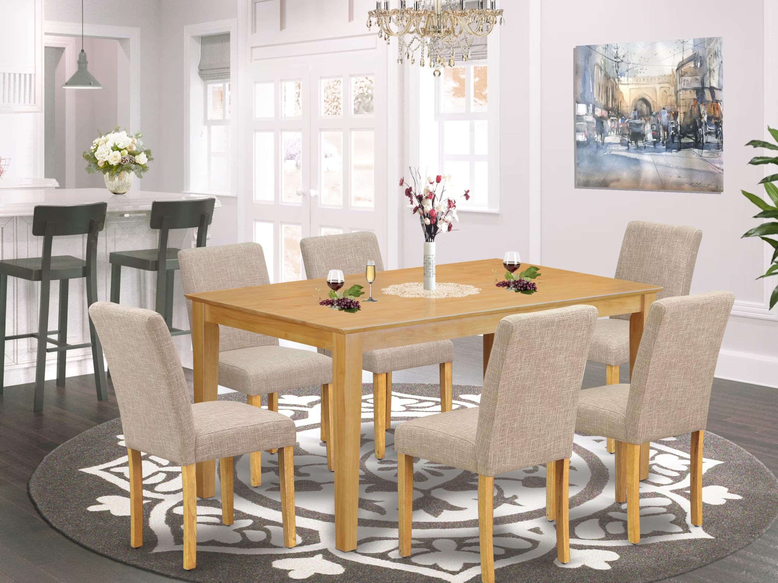 East West Furniture Caab7-Oak-04 7 Piece Modern Dining Table Set Consist Of A Rectangle Wooden Table And 6 Light Tan Linen Fabric Upholstered Chairs, 36X60 Inch, Oak