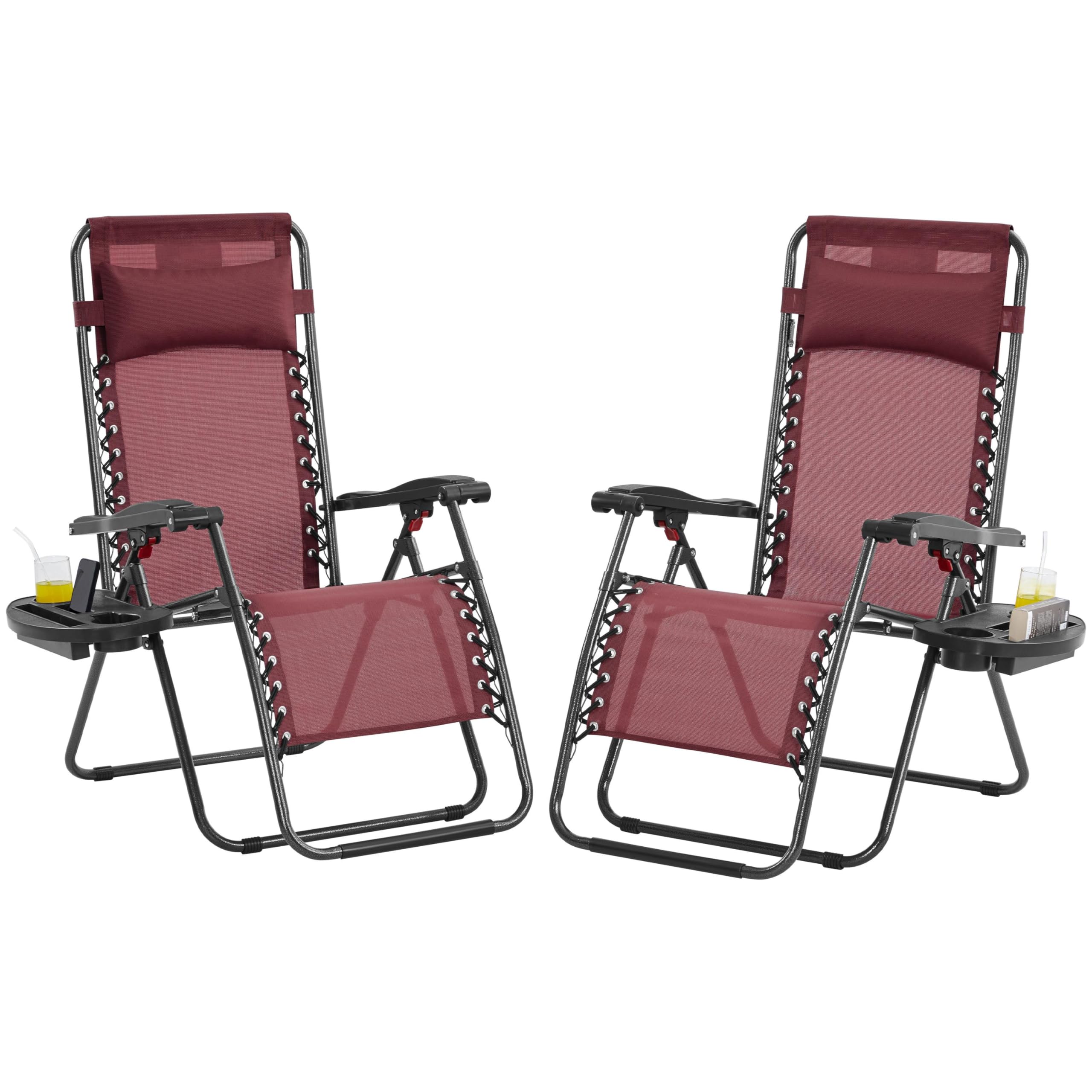 Yaheetech 26' Zero Gravity Recliners Outdoor Adjustable Folding Reclining Lounge Chairs W/Pillows, Cup Holder Trays And Carry Strap For Patio Backyard Beach Burgundy Set Of 2