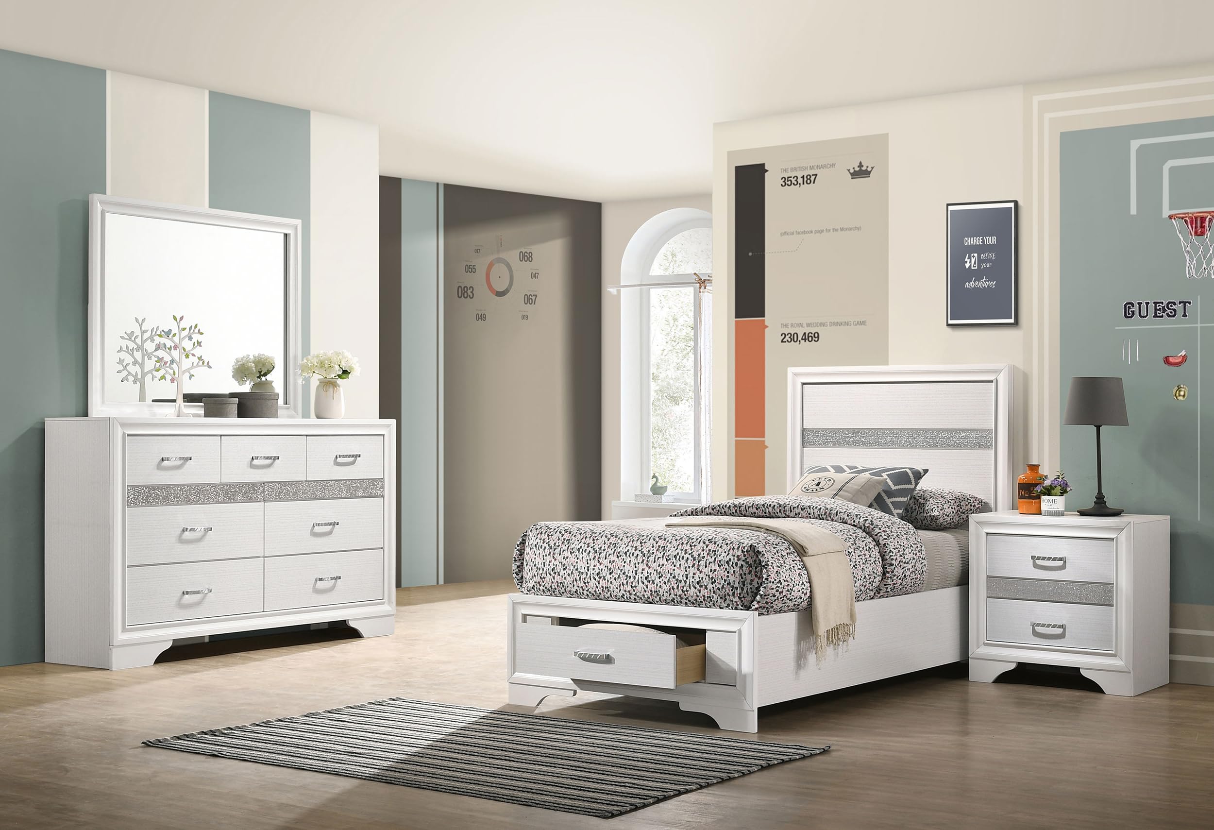 Coaster Home Furnishings Miranda Contemporary 4-Piece Bedroom Set Twin Size Storage Panel Bed Frame 50-inch Headboard White 205111T-S4
