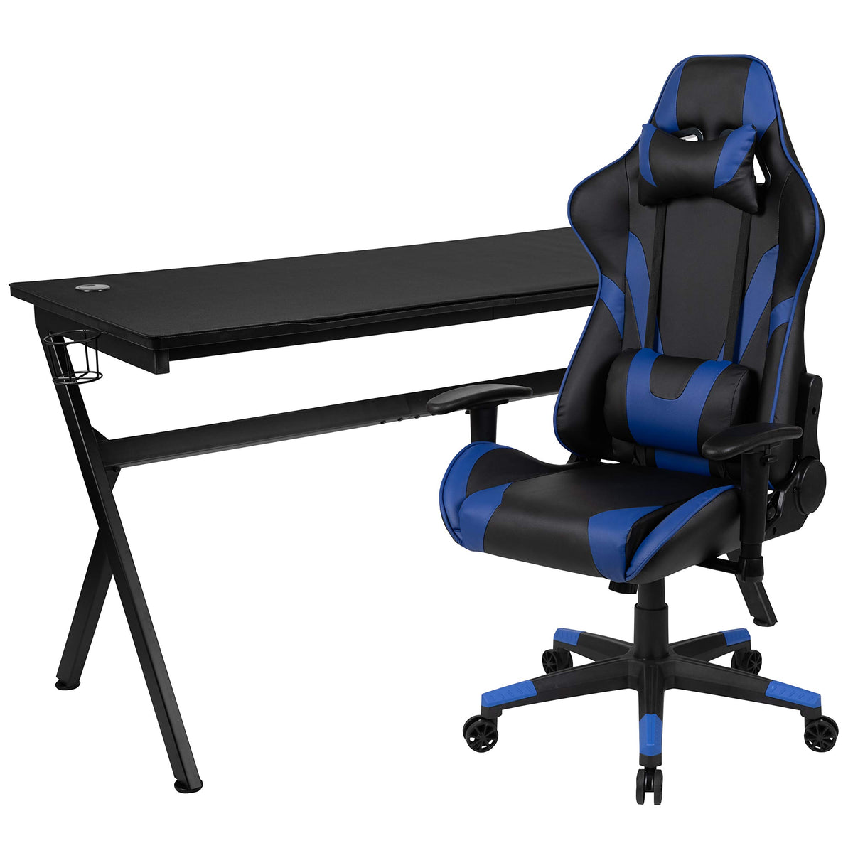 Flash Furniture Gaming Desk And Blue/Black Reclining Gaming Chair Set /Cup Holder/Headphone Hook/Removable Mouse Pad Top - Wire Management