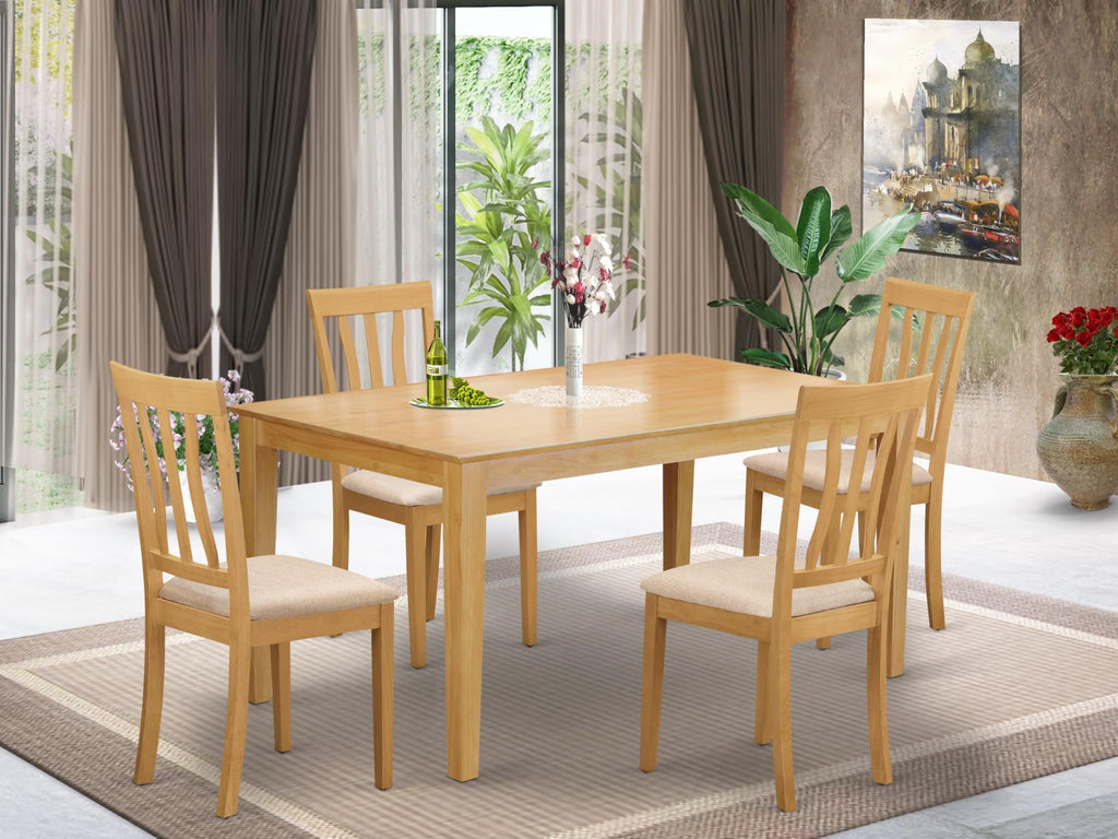 East West Furniture CAAN5-OAK-C 5 Piece Modern Dining Table Set Includes a Rectangle Wooden Table and 4 Linen Fabric Upholstered Chairs, 36x60 Inch, Oak