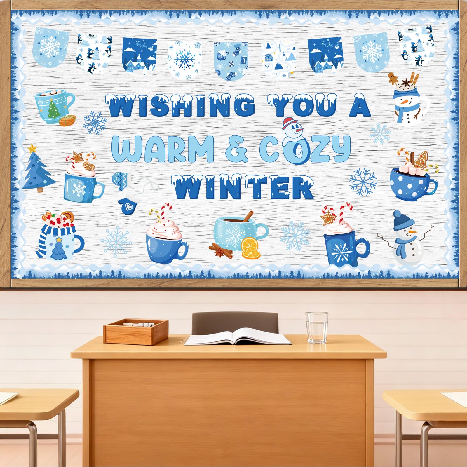 Aposwow Winter Bulletin Board Decorations - Christmas Hot Cocoa Holiday Classroom Decorations Set Wish You A Warm Cozy Winter Pa