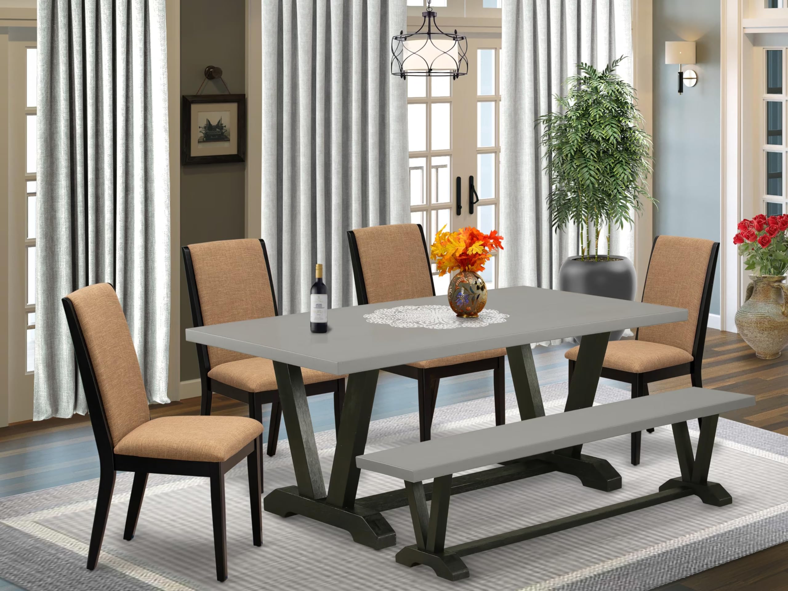 East West Furniture V697La147-6 6 Piece Dining Table Set Contains A Rectangle Kitchen Table With V-Legs And 4 Light Sable Linen Fabric Parson Chairs With A Bench, 40X72 Inch, Multi-Color
