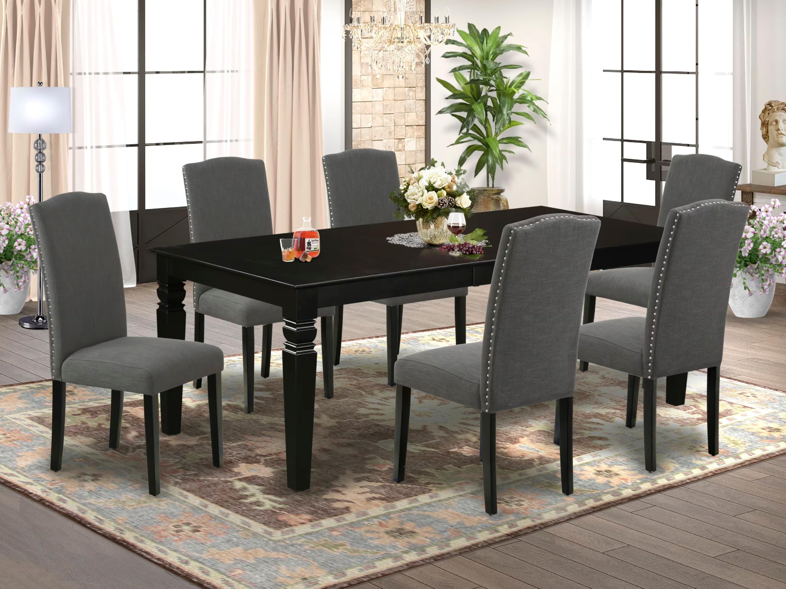 East West Furniture Lgen7-Blk-20 7 Piece Kitchen Table Set Consist Of A Rectangle Dining Table With Butterfly Leaf And 6 Dark Gotham Linen Fabric Parson Chairs, 42X84 Inch, Black